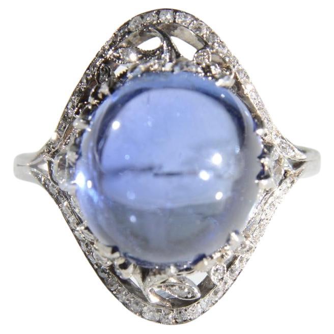 Belle Époque GCS Certified 10.90ct Ceylon Sapphire Cabochon and Diamond Ring 