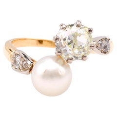 Anello Belle Epoque GIA con diamante e perla in oro giallo 18 carati e platino Toi et Moi