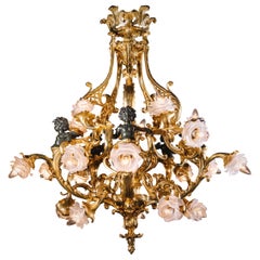 Lampadario a ventuno luci in bronzo patinato e dorato Belle Epoque