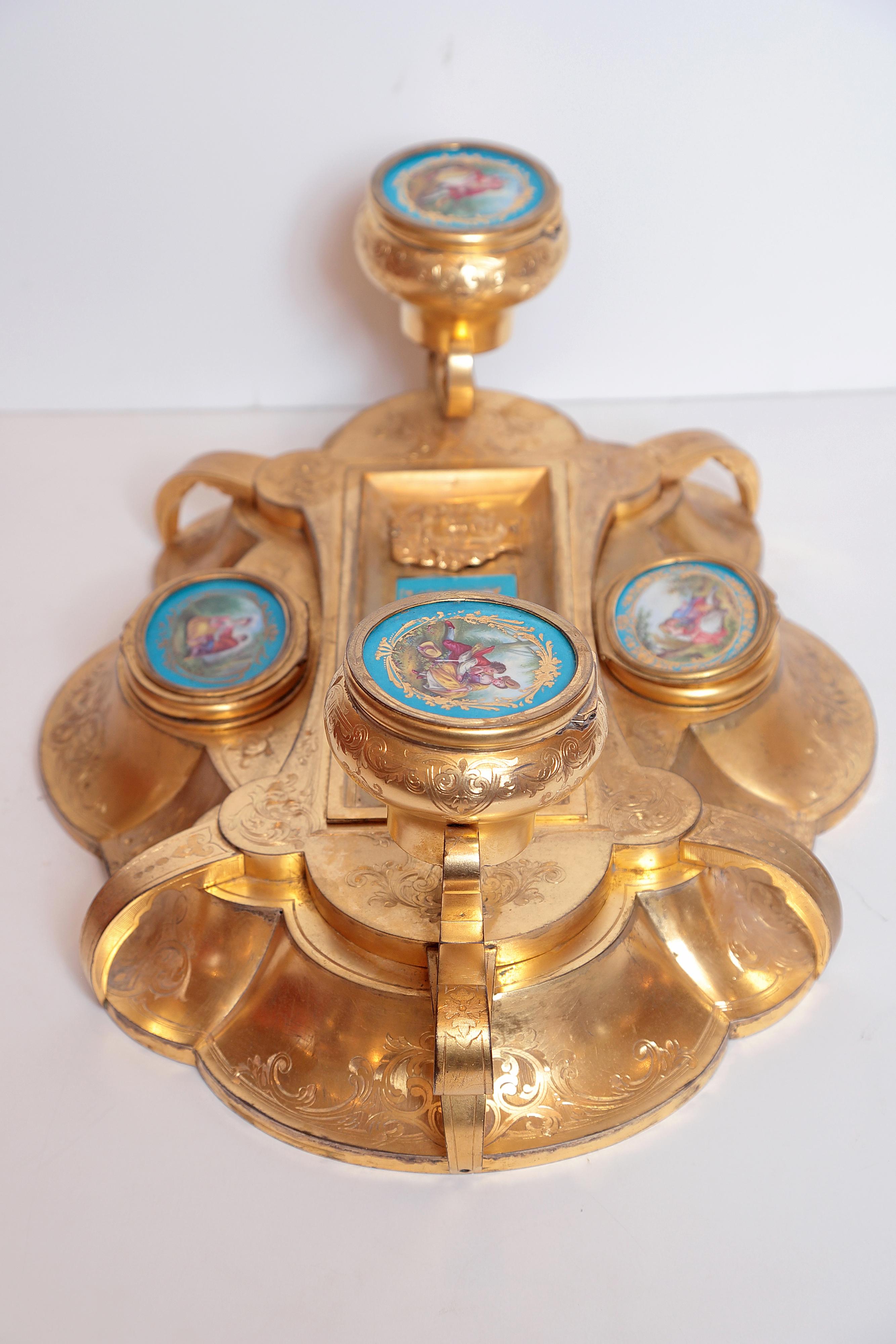 French Belle Époque Gilt Bronze Inkwell with Sevres Porcelain Plaque's in Robin’s Egg For Sale