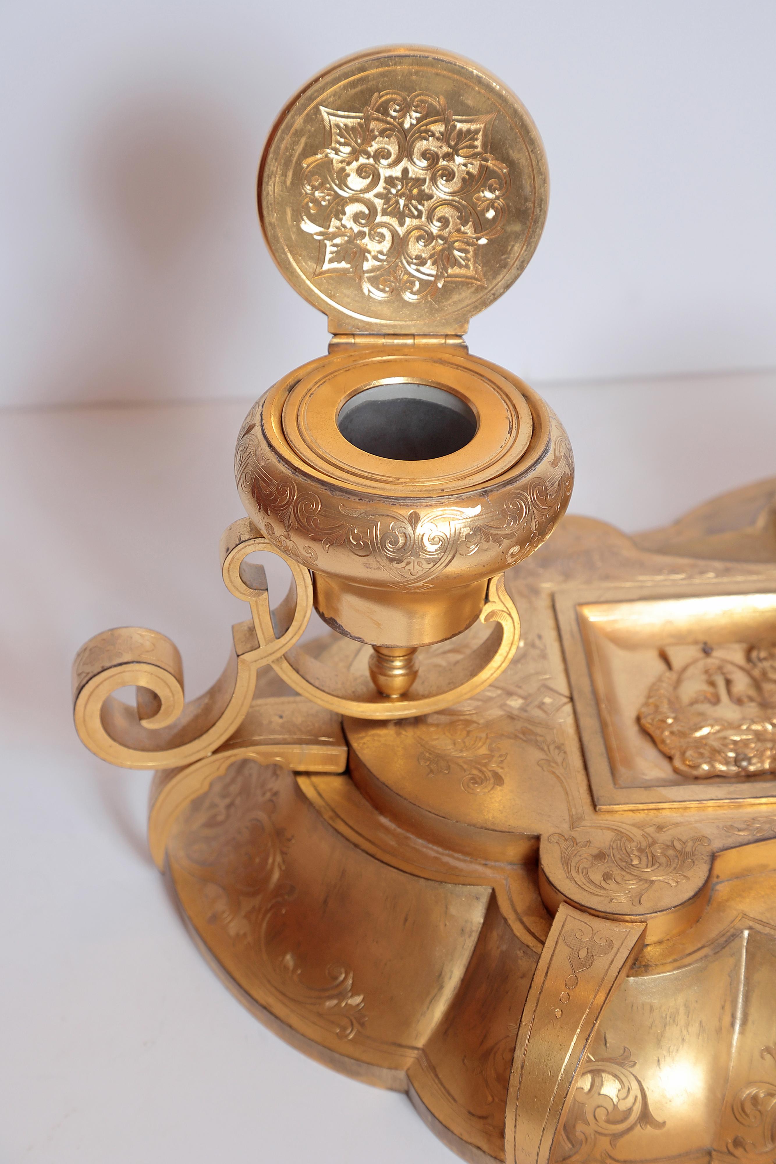Belle Époque Gilt Bronze Inkwell with Sevres Porcelain Plaque's in Robin’s Egg In Good Condition For Sale In Dallas, TX
