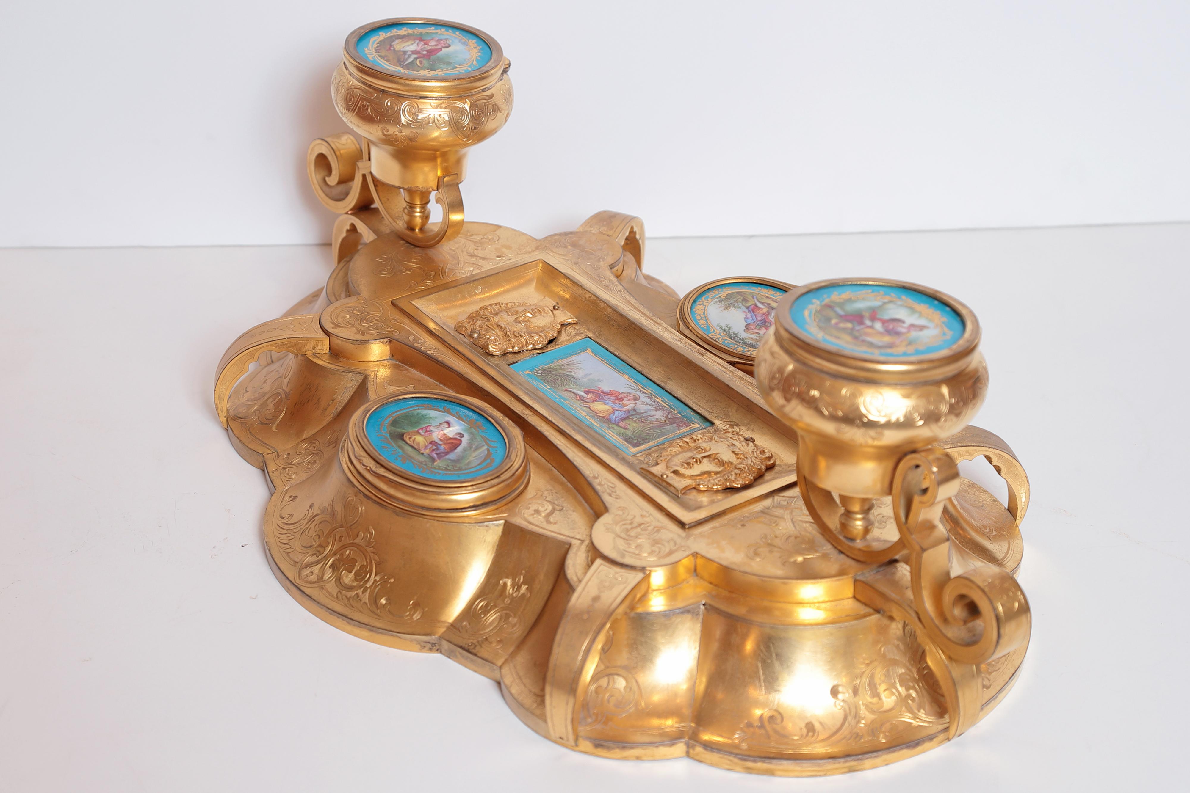 Belle Époque Gilt Bronze Inkwell with Sevres Porcelain Plaque's in Robin’s Egg For Sale 1