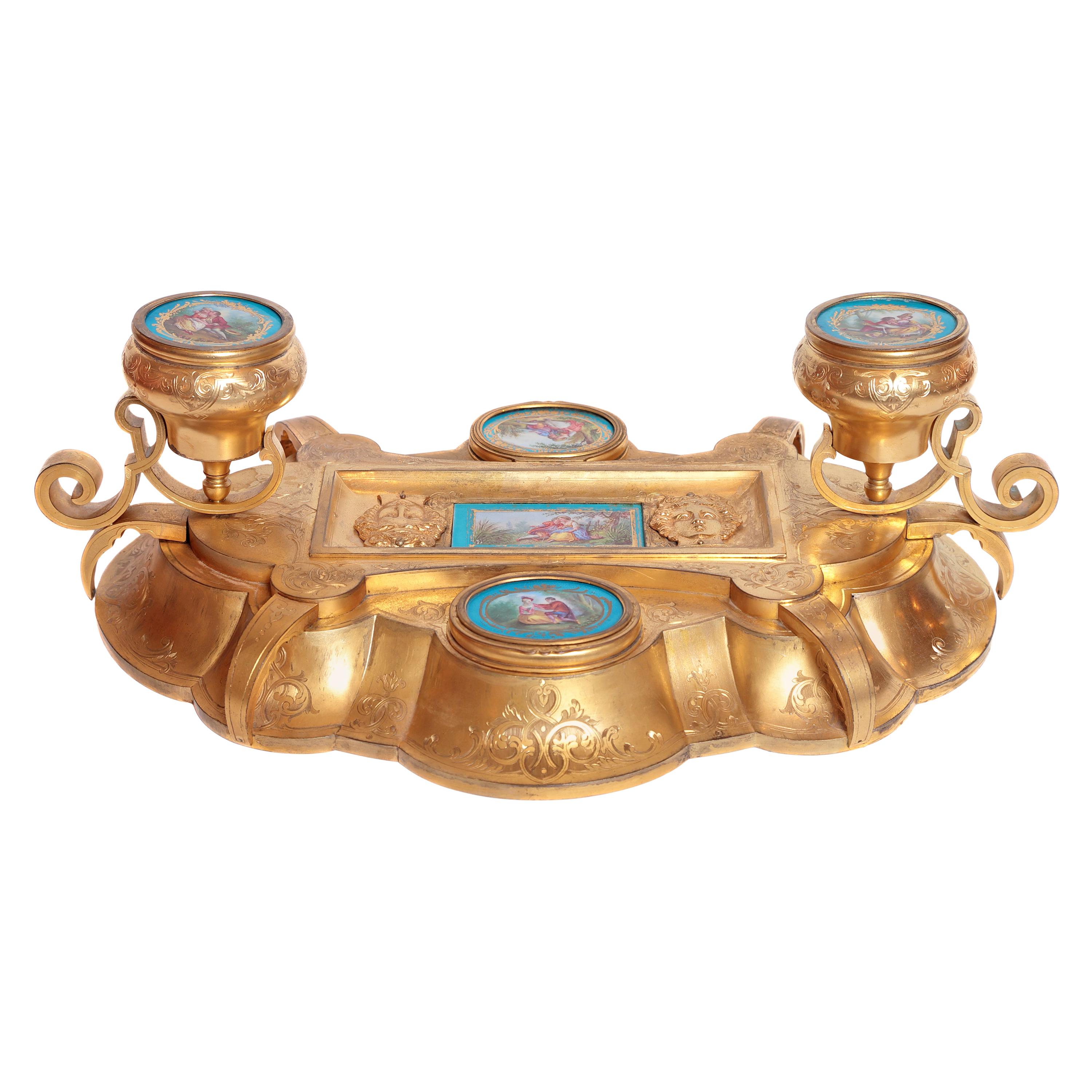 Belle Époque Gilt Bronze Inkwell with Sevres Porcelain Plaque's in Robin’s Egg For Sale