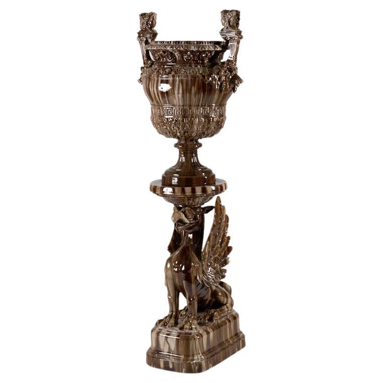 Belle Époque Glazed Ceramic Majolica Jardinière on a Griffin-shaped Stand For Sale