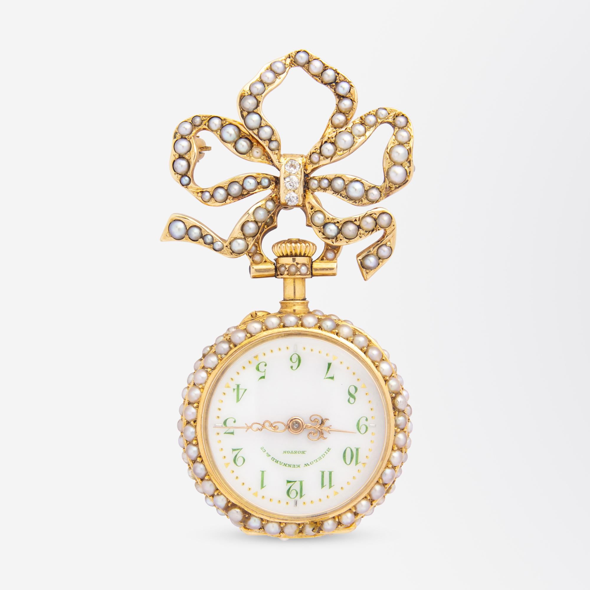 Single Cut Belle Epoque, Gold, Diamond, Pearl & Emerald Brooch Watch