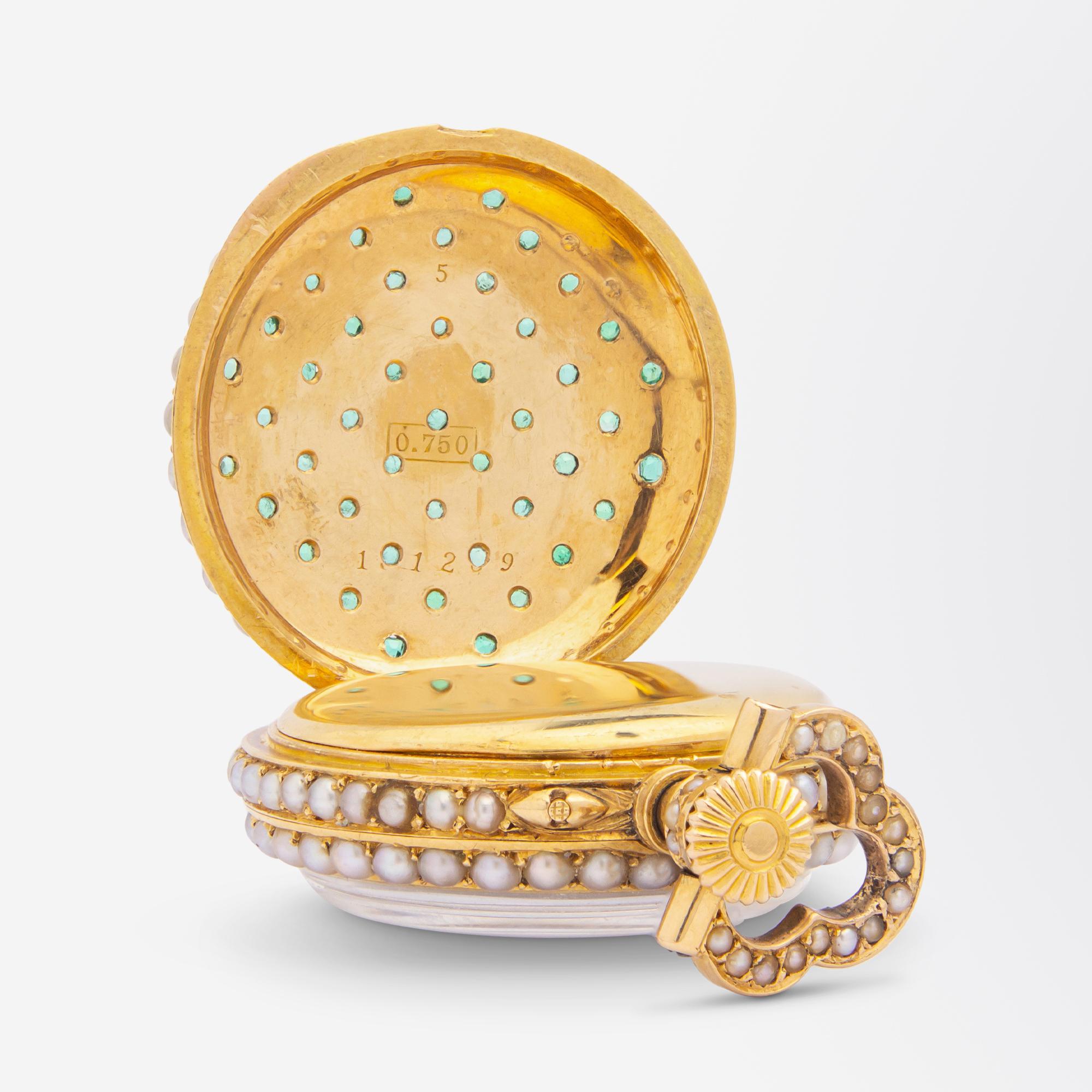Belle Epoque, Gold, Diamond, Pearl & Emerald Brooch Watch 1