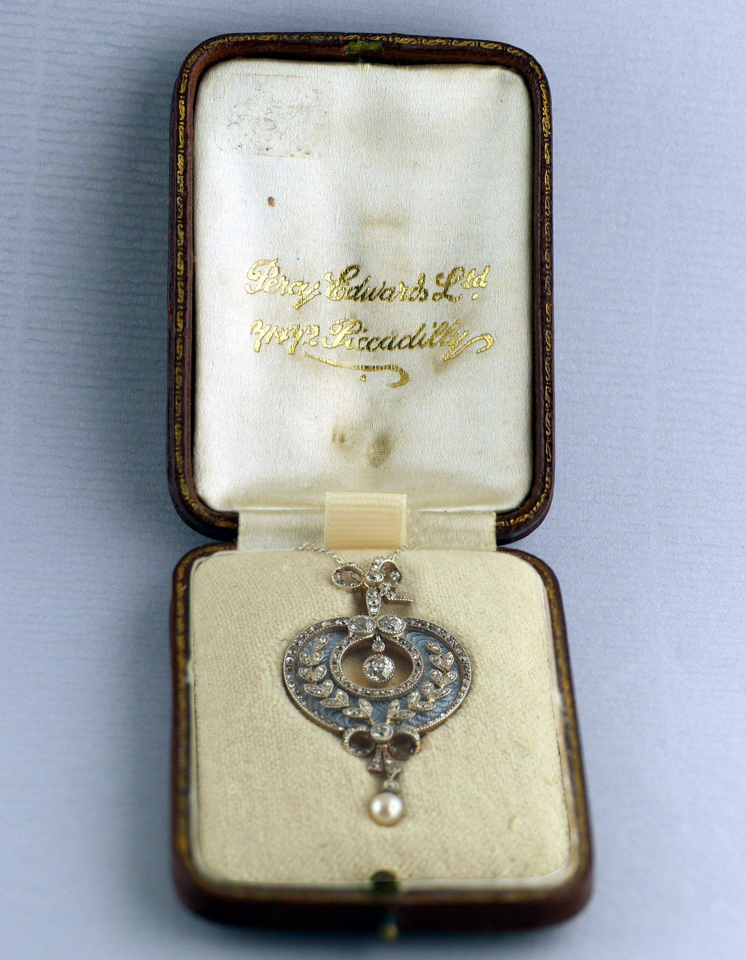 Belle Époque Guilloche Enamel Diamond Pearl Pendant or Brooch In Excellent Condition In London, GB
