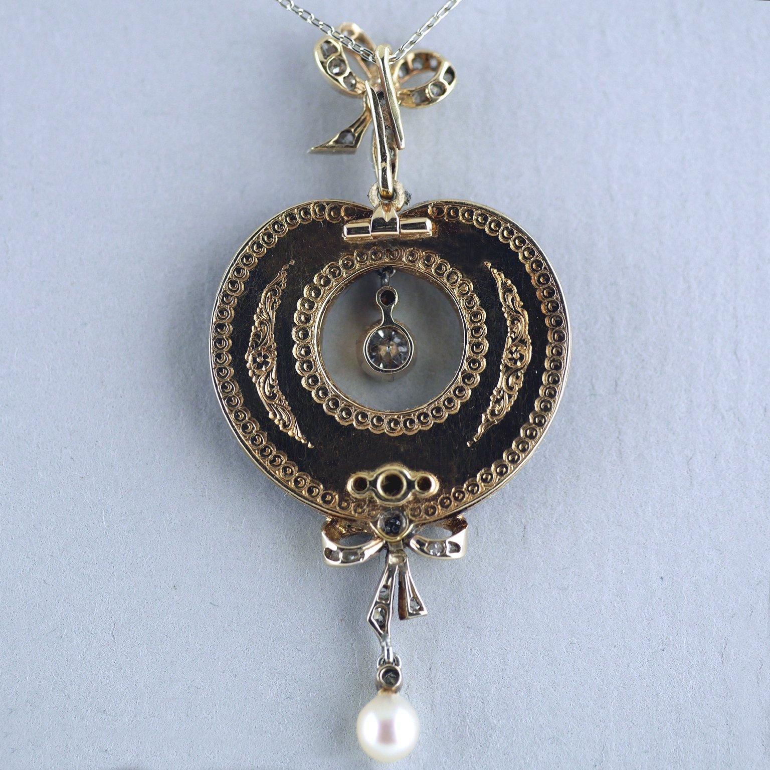 Women's Belle Époque Guilloche Enamel Diamond Pearl Pendant or Brooch
