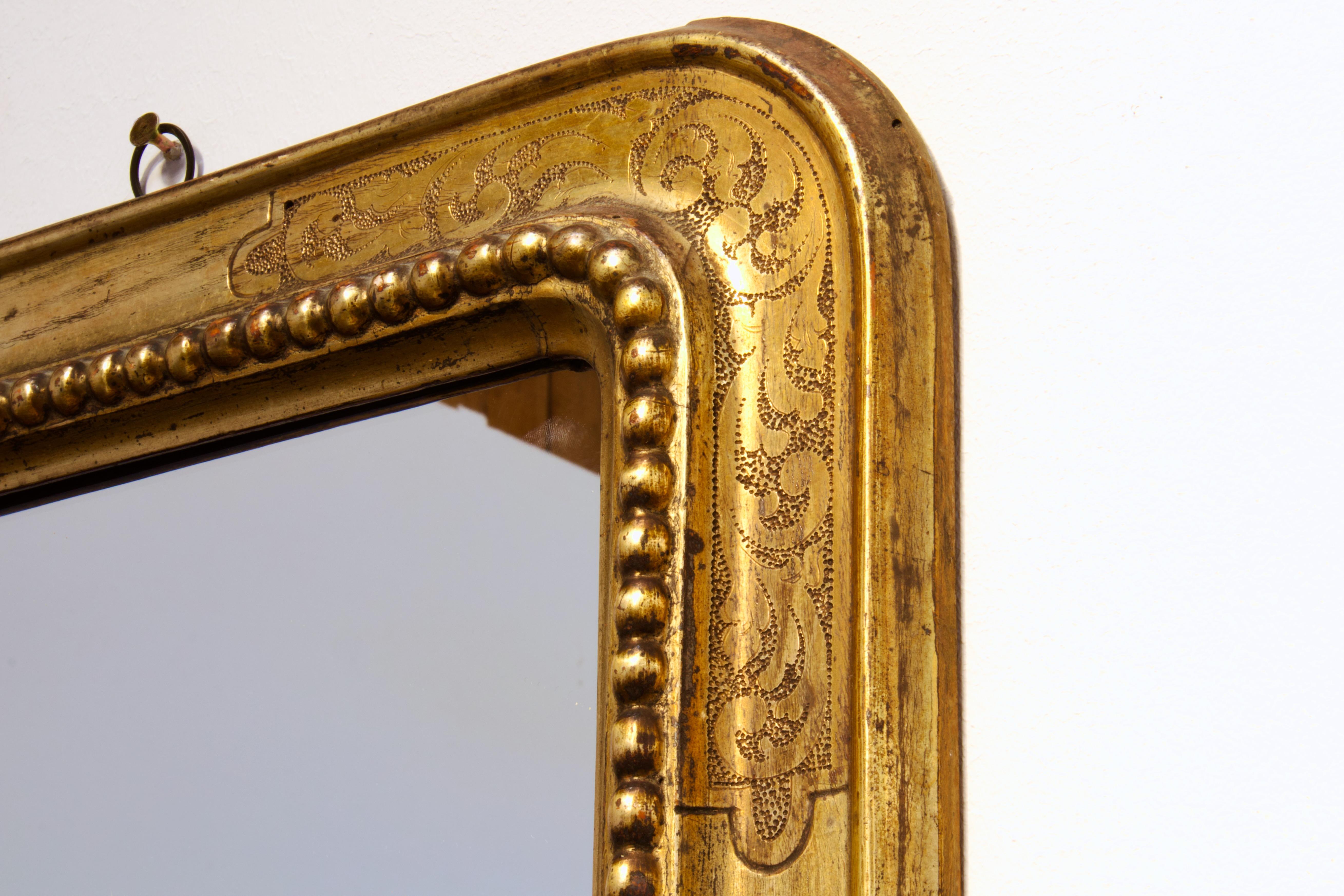 Fait main Belle Époque - Miroir rectangulaire arrondi italien sculpté à la main à la feuille d'or en vente