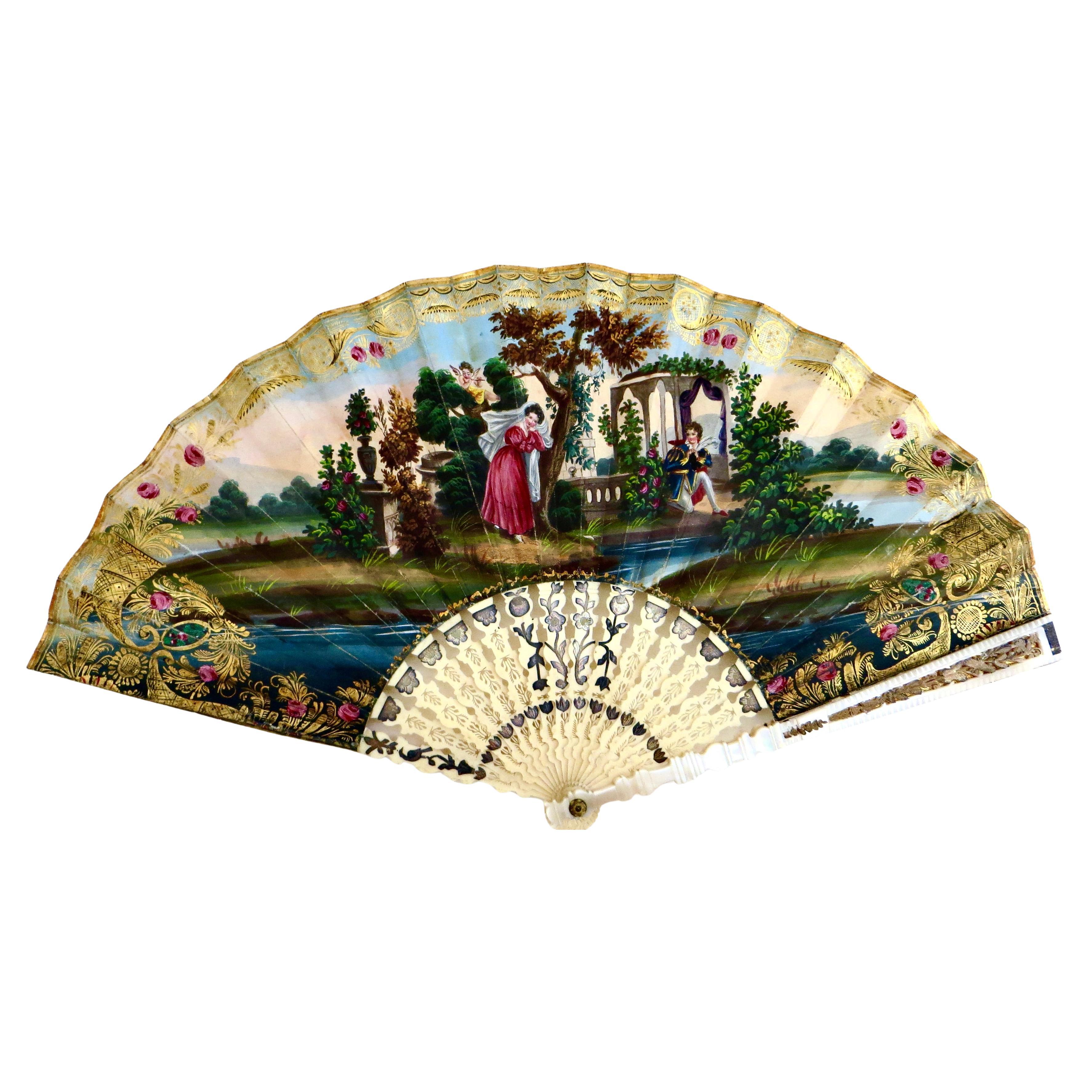 Belle Epoque Hand Held French Fan. Hand Painted Decor And Scenary. Circa 1890