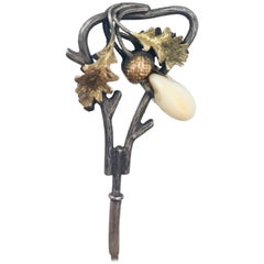 Belle Epoque Hat Pin, Sterling Leaf Vines, Ivory Mammoth Bone, Tri-Color Gilt