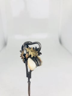 Belle Epoque Hat Pin, Sterling Leaf Vines, Ivory Mammoth Bone, Tri-Color Gilt