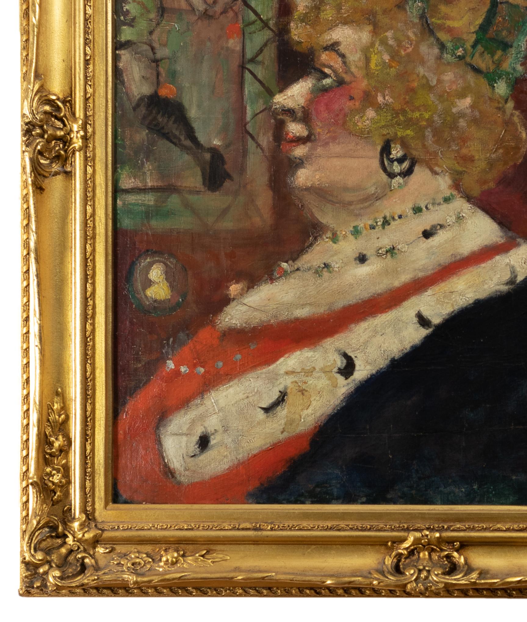 Ein impressionistisches Gemälde der Belle Epoque, das eine reich geschmückte Frau zeigt, die von Gemälden an der Wand im Hintergrund umgeben ist und mit 
