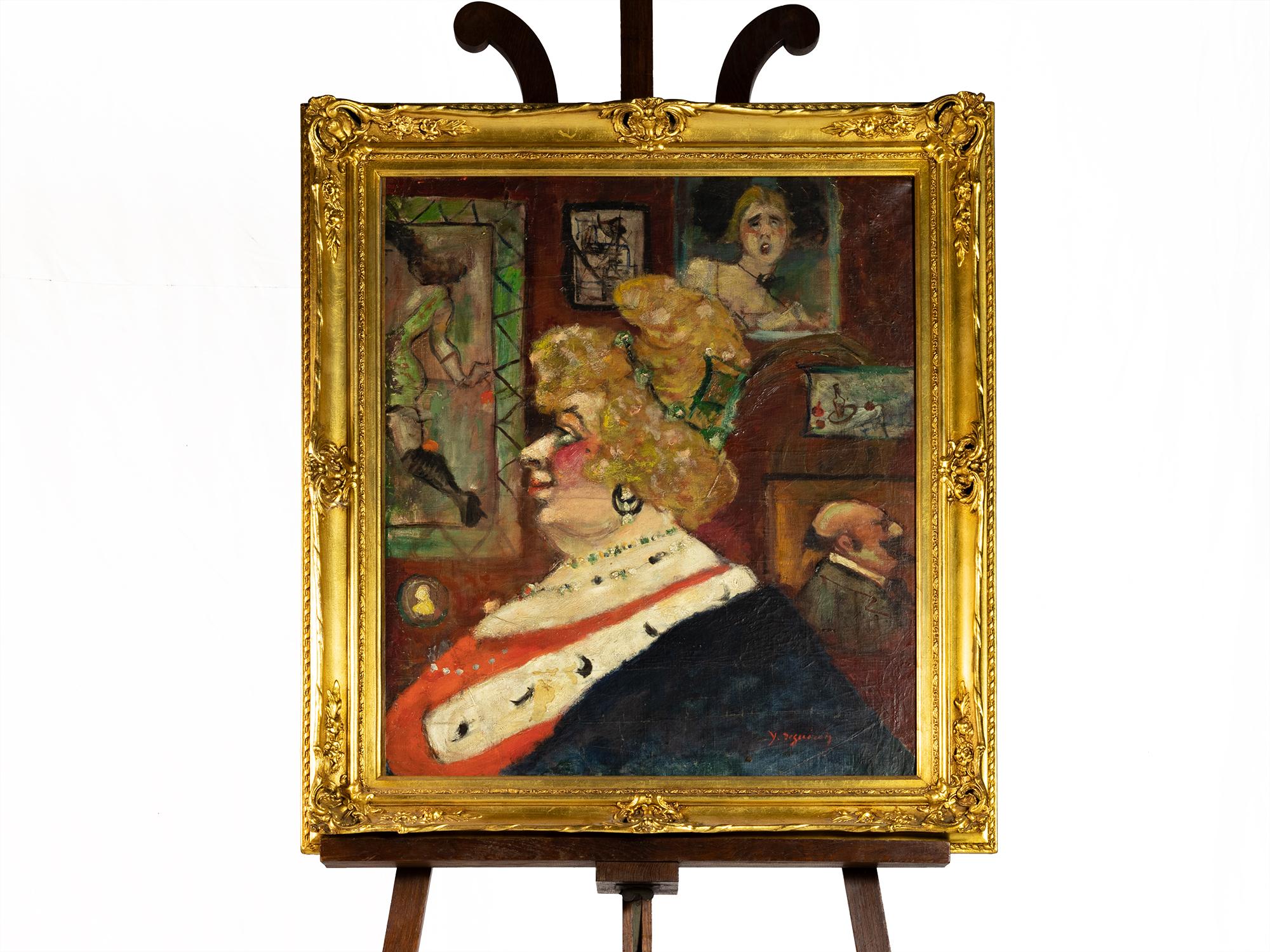 A Belle Epoque Impressionist painting of a richly ornamented woman surrounded by paintings on the wall in the background signed «Y . DaGuerre H»

Frame: 78 x 89 cm 
Canvas: 60 x 73 cm