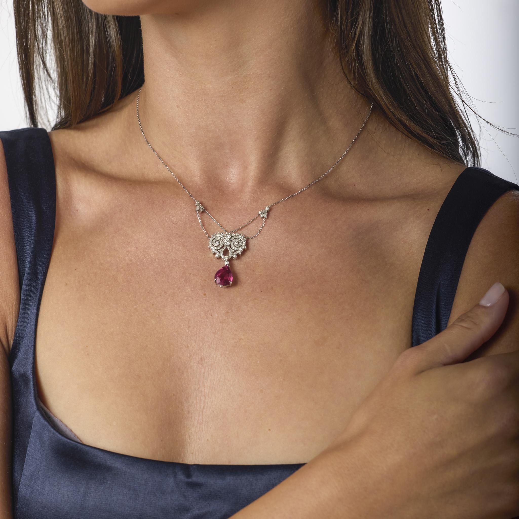 Pear Cut Belle Epoque inspired rubellite diamond 18k white gold necklace For Sale
