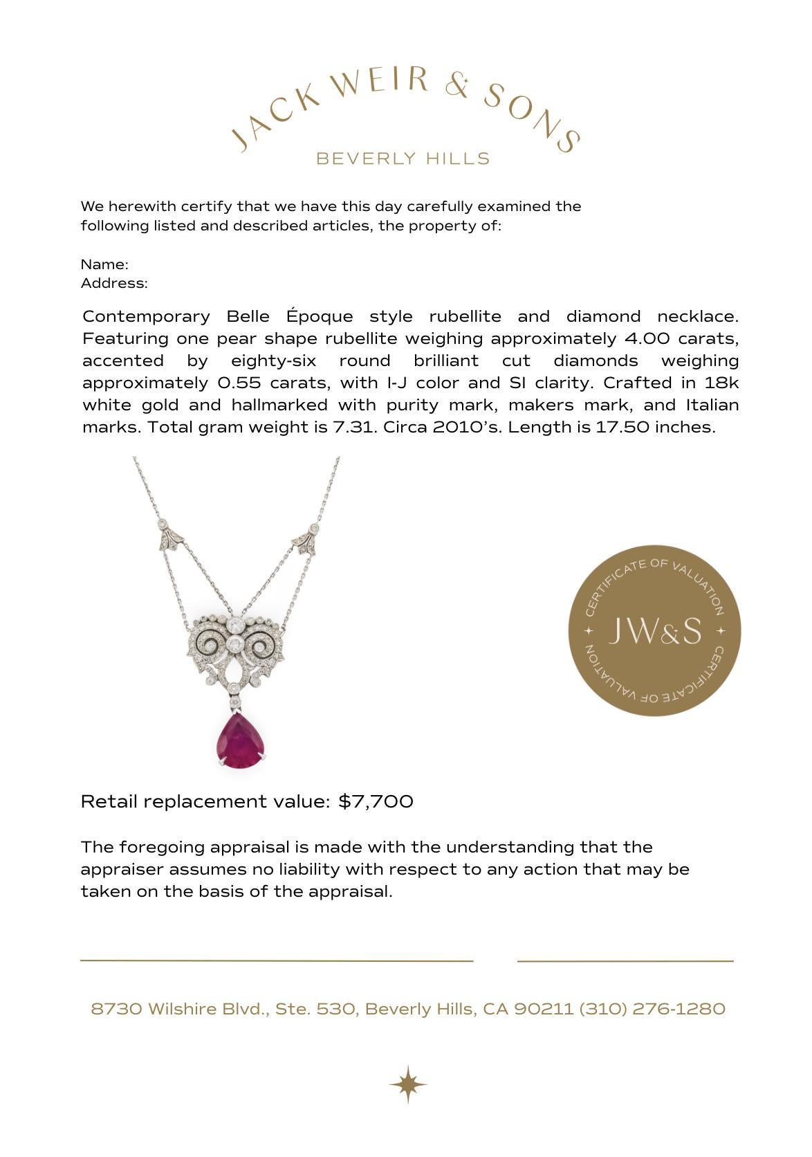 Women's Belle Epoque inspired rubellite diamond 18k white gold necklace For Sale