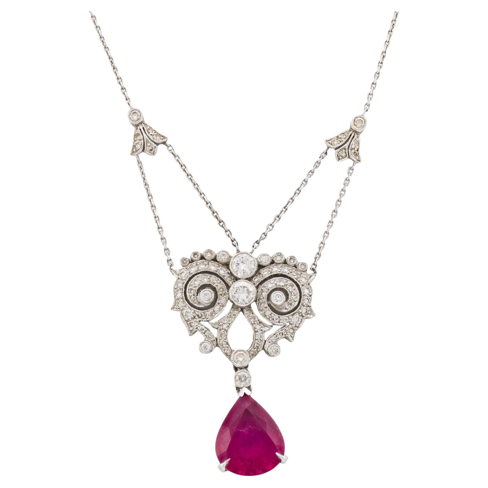 Belle Epoque inspired rubellite diamond 18k white gold necklace For Sale