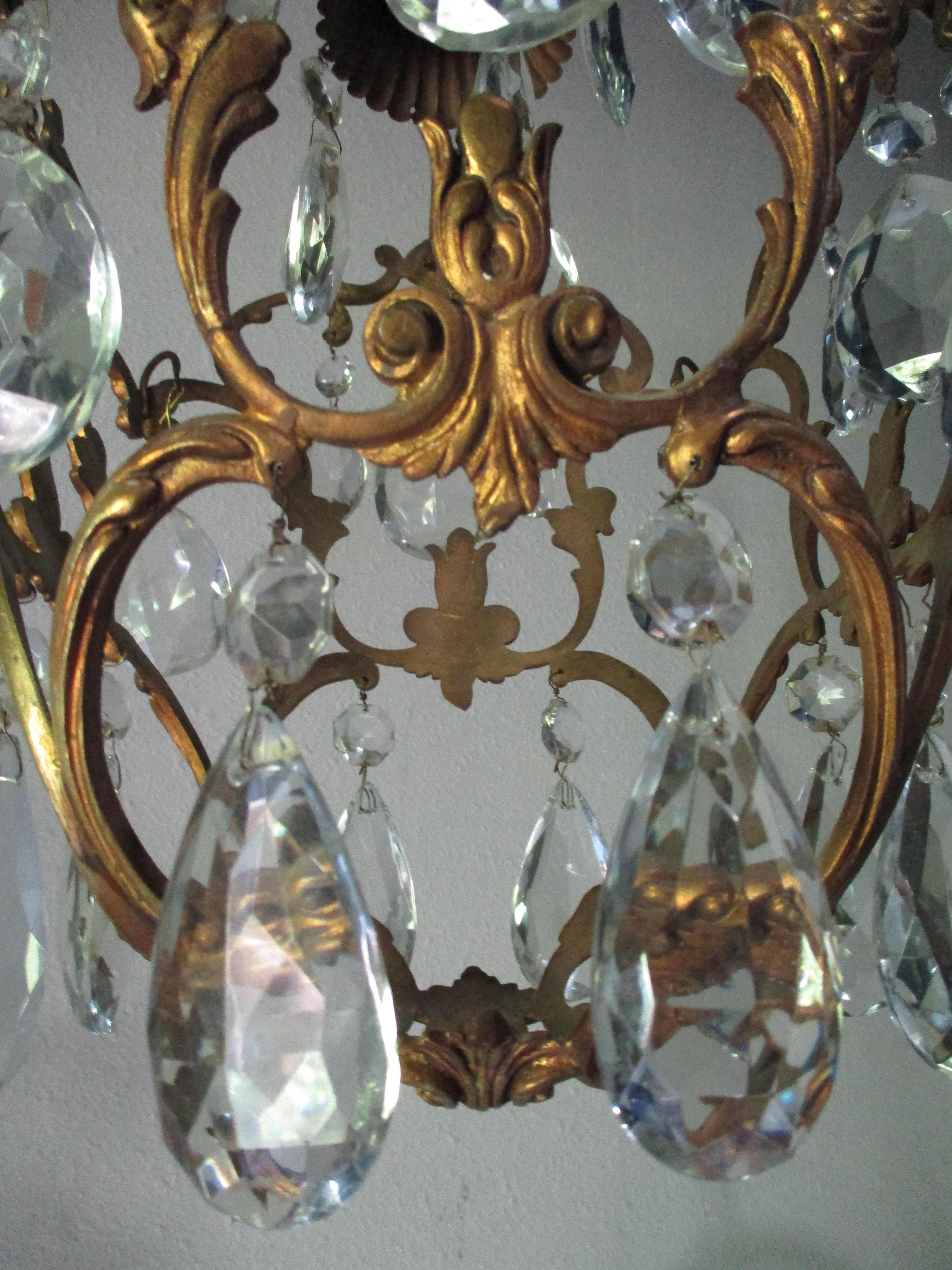 Elegant 20th century Italian belle époque cage chandelier with original cut crystals. This belle époque design the botanical forms of the cage, and the shapes of the crystal prisms, recall the rococo style of the 18th century. The design channels