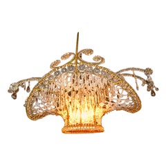 Belle Époque Late 19th Century French Crystal Beaded Flower Basket Chandelier