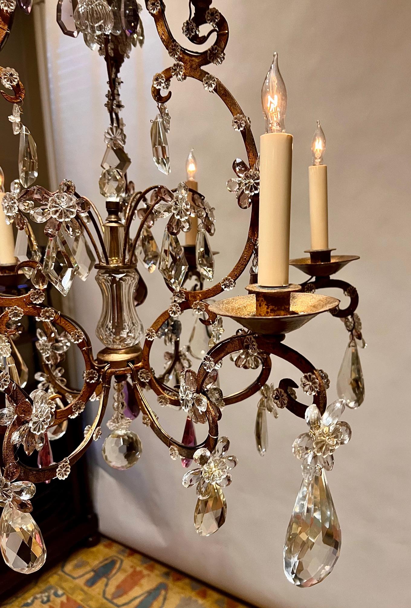 French Belle Epoque Louis XV Style 9-Light Gilt Iron & Crystal Chandelier, France For Sale