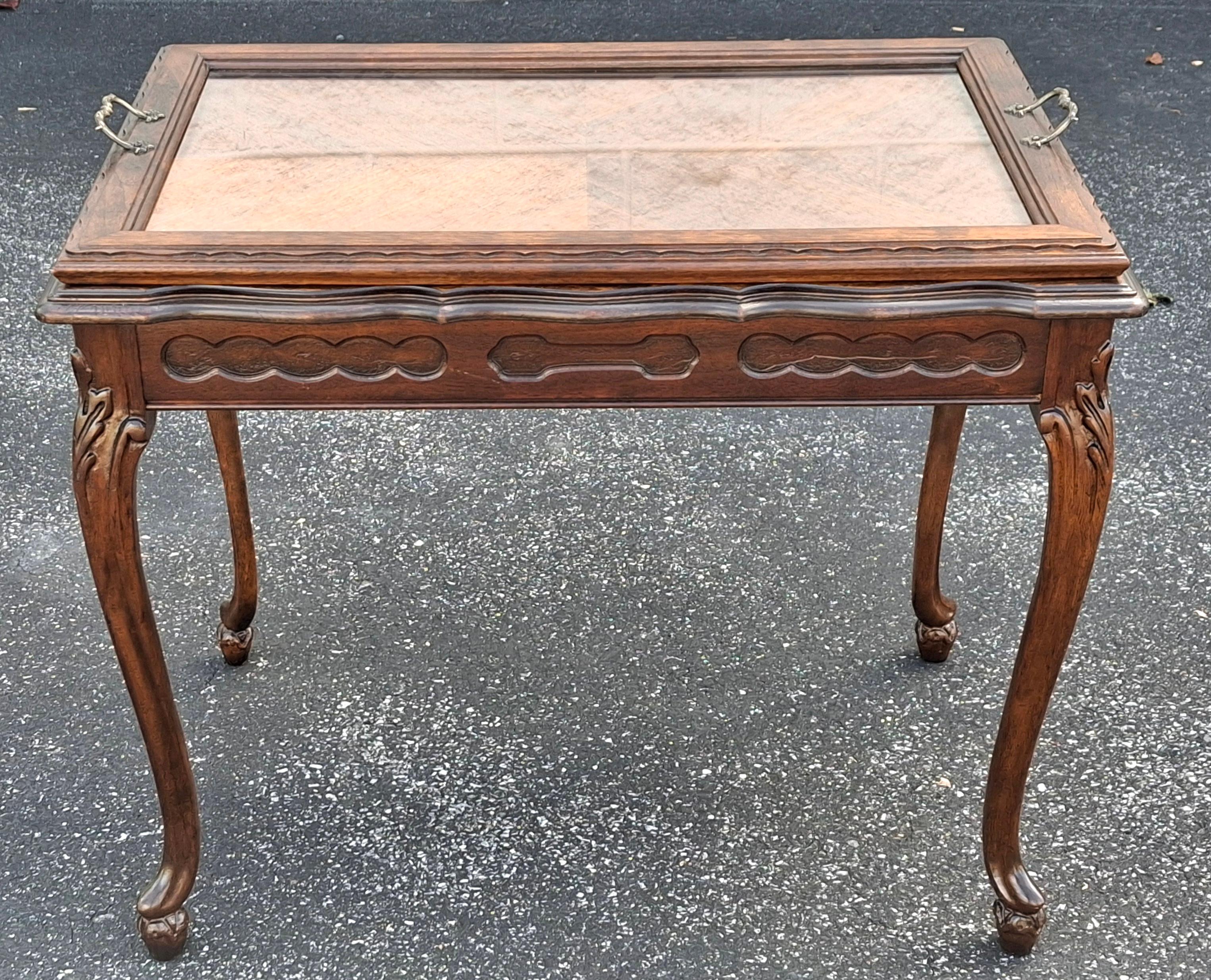 Inlay Belle Epoque Louis XV Style Side Table with Glass Serving Tray, Refinished For Sale