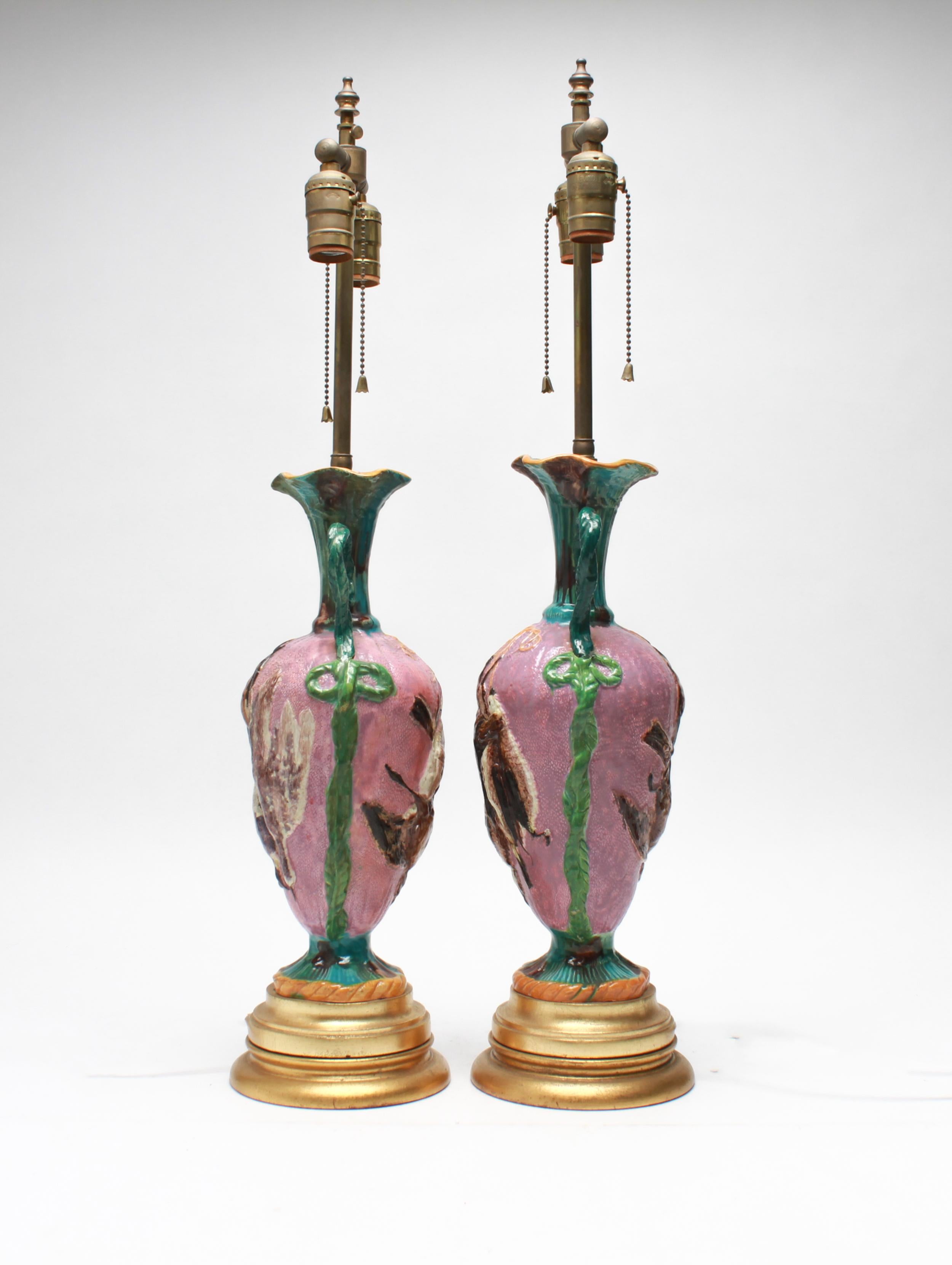 20th Century Belle Epoque Majolica Hunt-Themed Urn Table Lamps