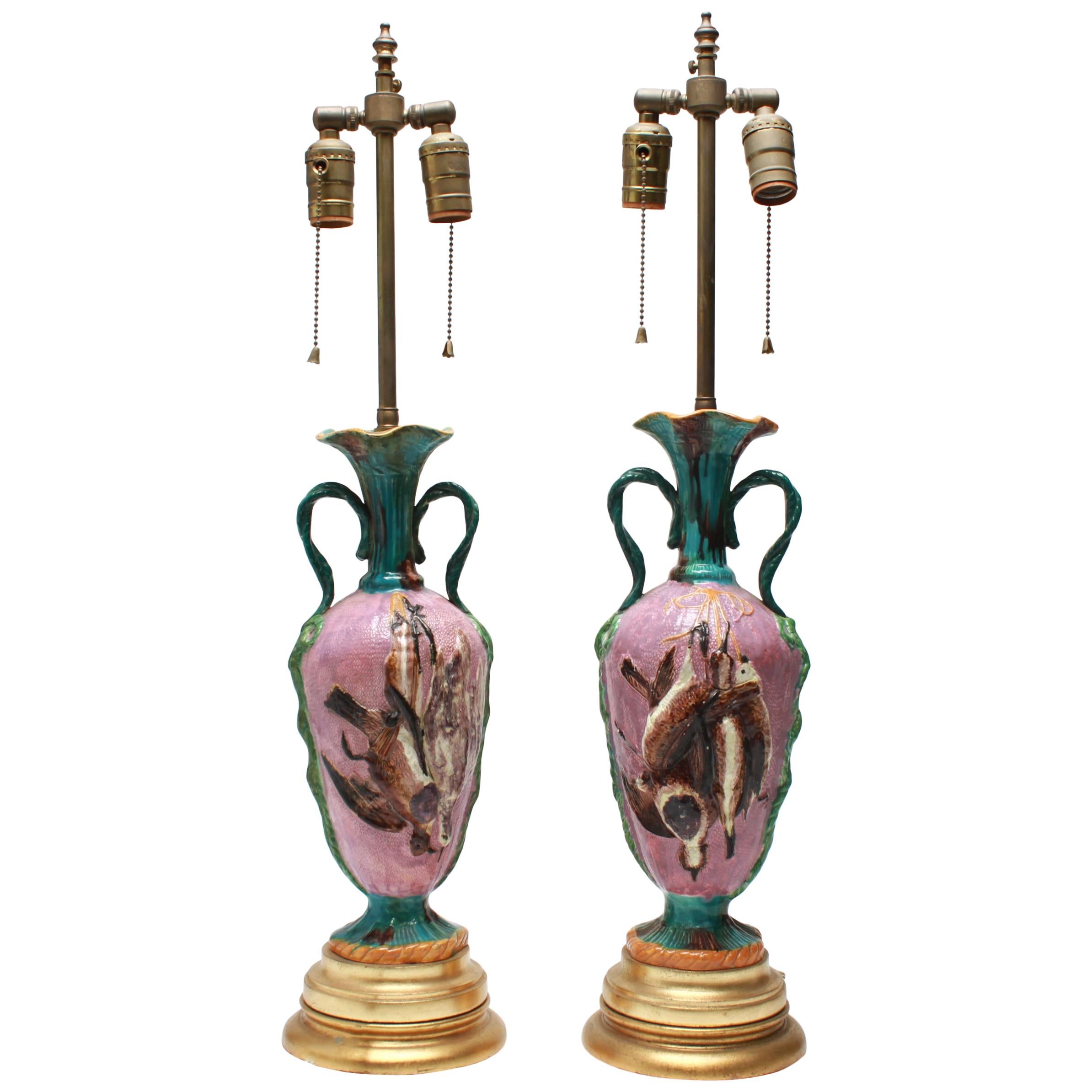 Belle Epoque Majolica Hunt-Themed Urn Table Lamps