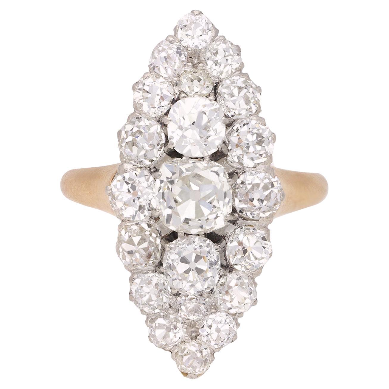 Belle Époque marquise shape diamond cluster ring, French, circa 1905. For Sale