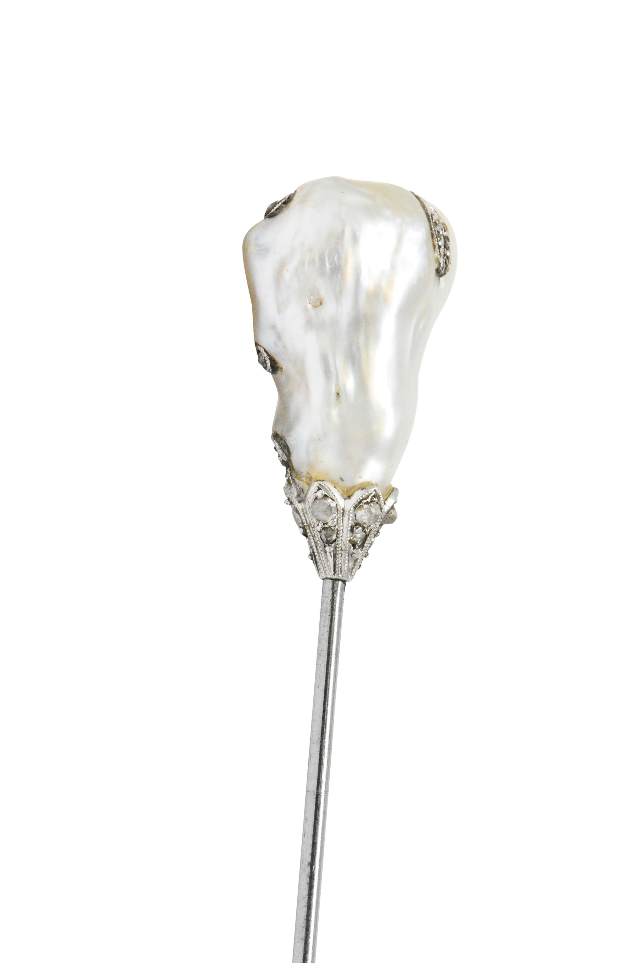 Belle Époque Natural Baroque Pearl Diamond Platinum Hat Pin In Excellent Condition In Philadelphia, PA