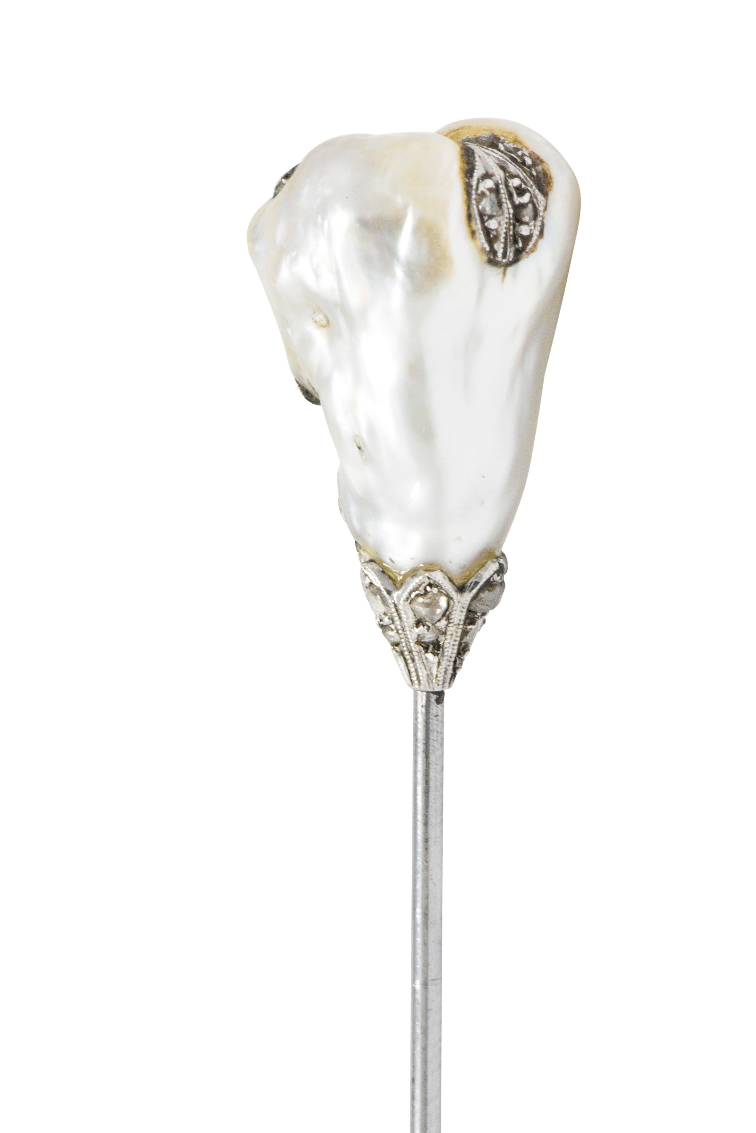 Belle Époque Natural Baroque Pearl Diamond Platinum Hat Pin 1