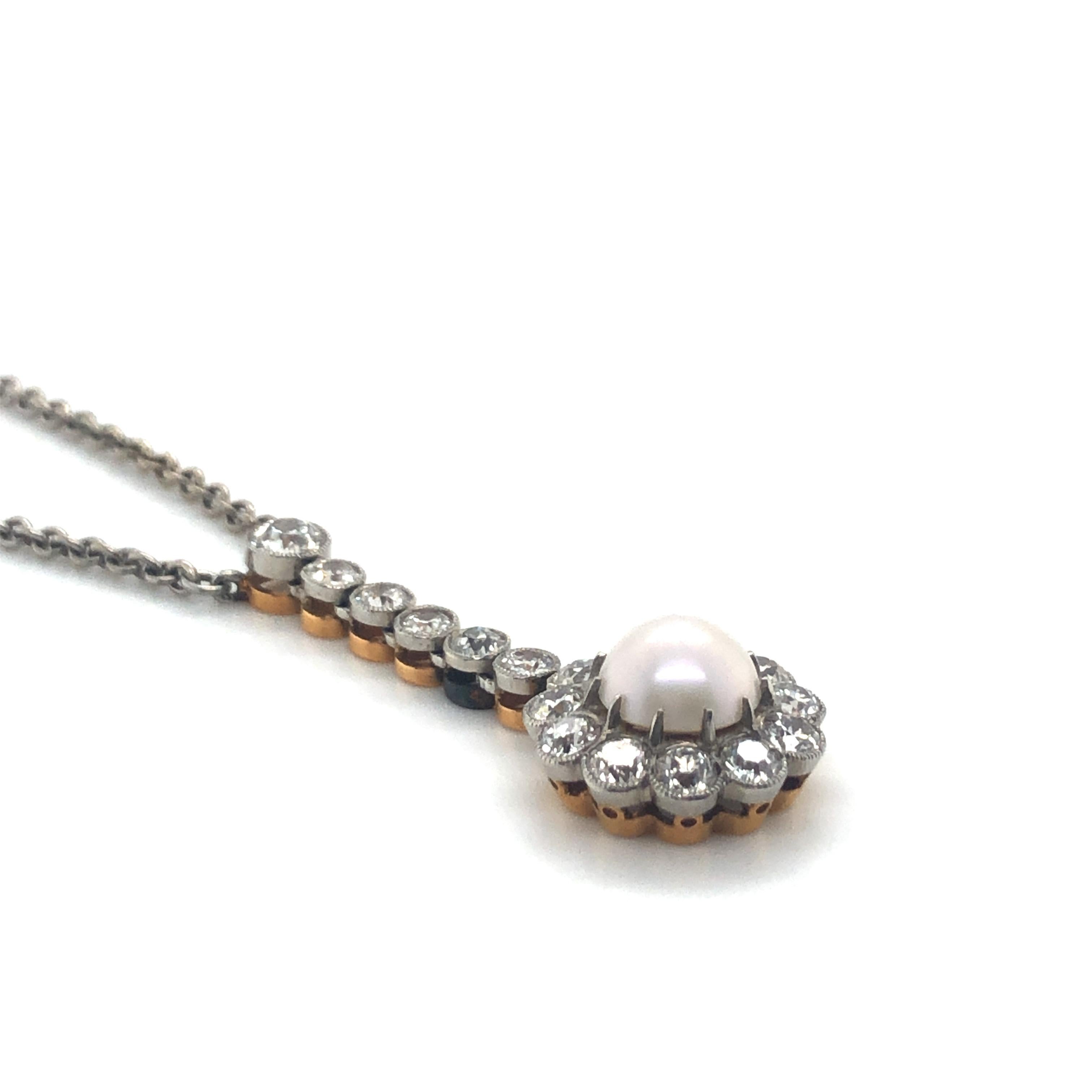 Old European Cut Belle Époque Natural Pearl and Diamond Necklace in Platinum and Gold For Sale