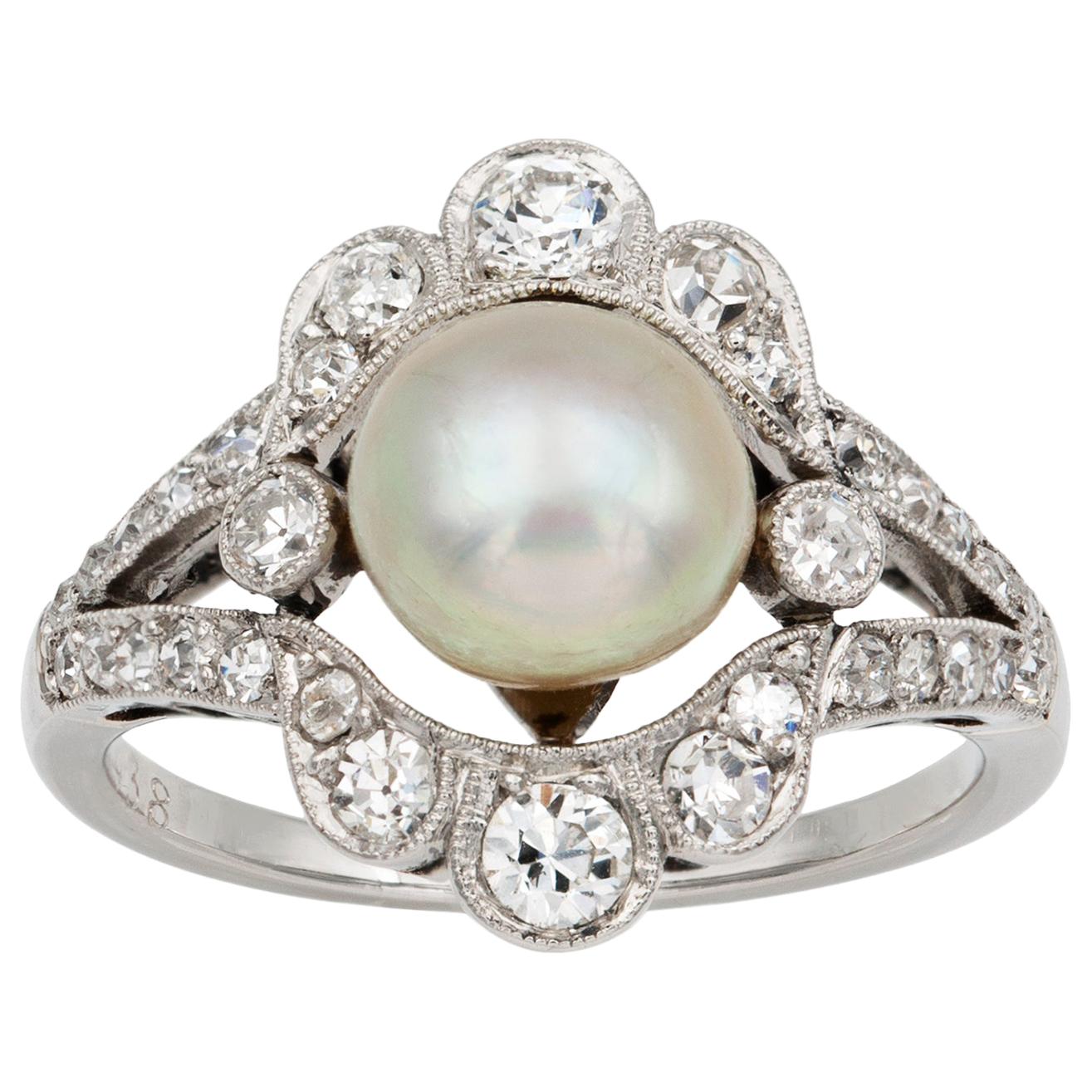 Belle Époque Natural Pearl and Diamond Ring For Sale