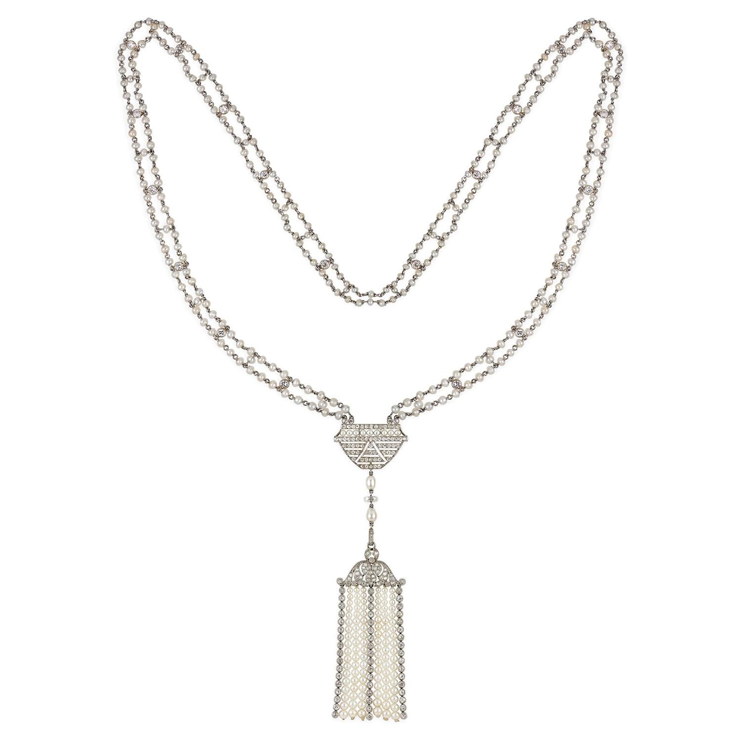Belle Epoque Natural Pearl and Diamond Sautoir Necklace For Sale