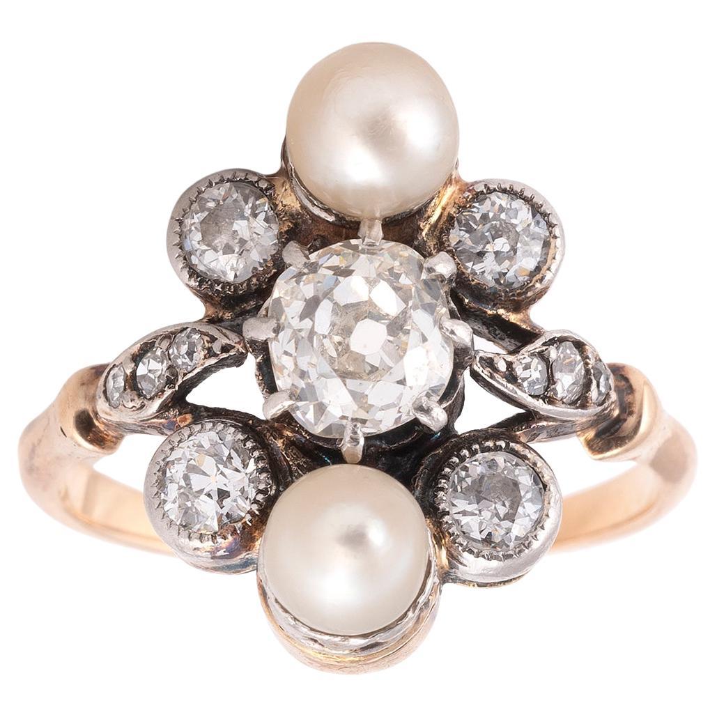 Belle Epoqué Natural Pearl and Old Cut Diamond Ring