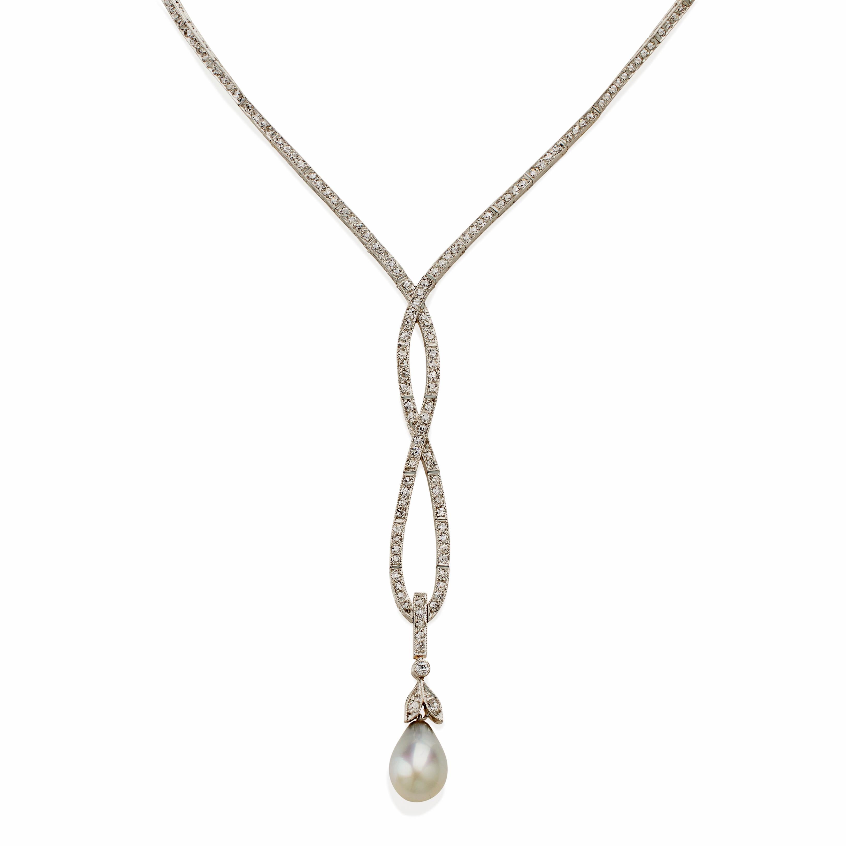 Belle Époque Naturperlen Tropfen und Diamant Lavalier Halskette für Damen oder Herren