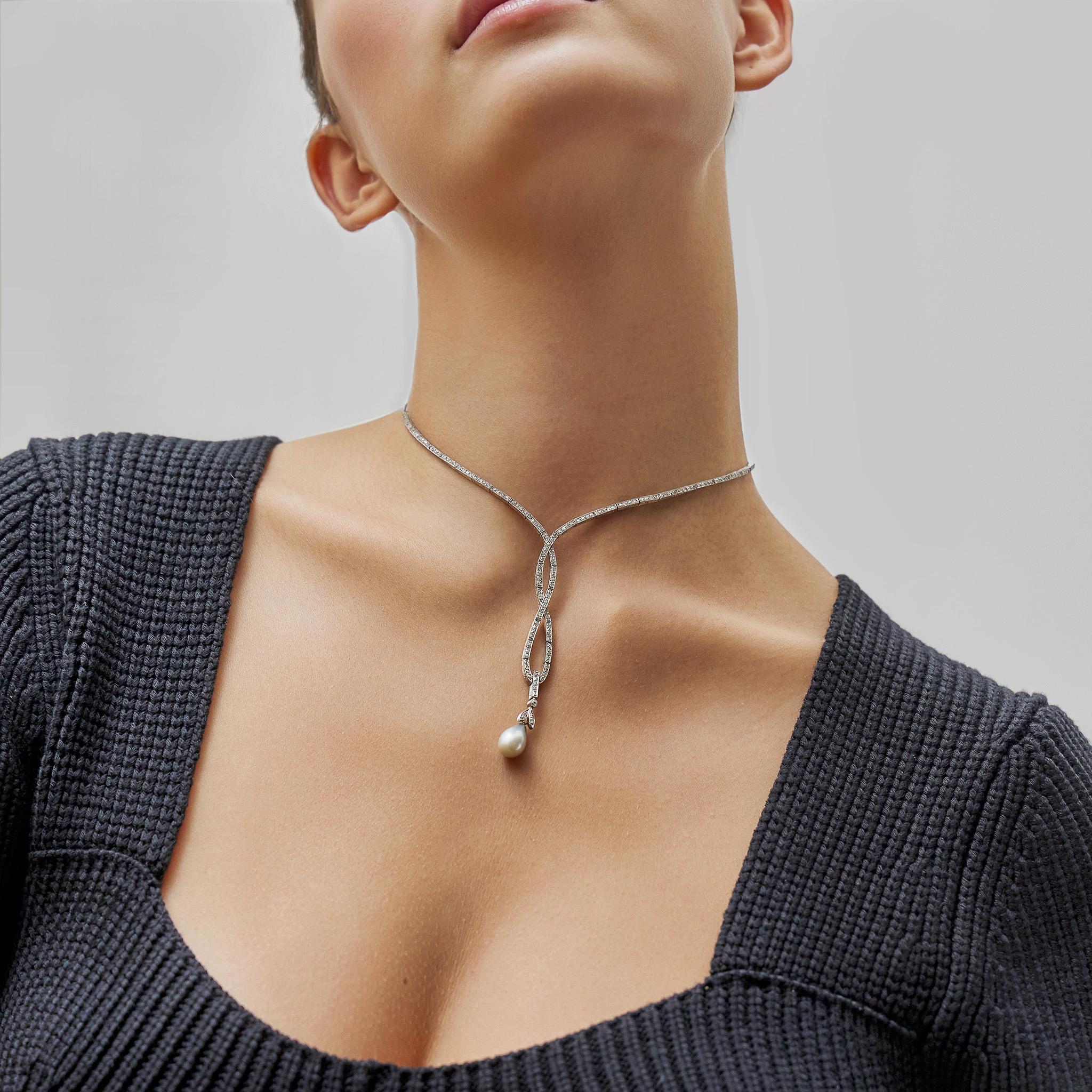 Belle Époque Naturperlen Tropfen und Diamant Lavalier Halskette 2