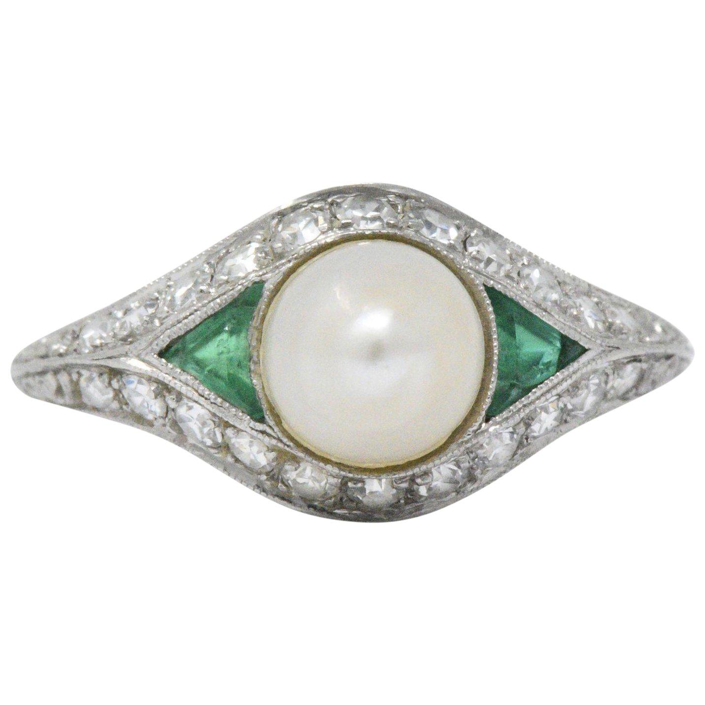Belle Époque Natural Pearl, Emerald, Diamond and Platinum Ring