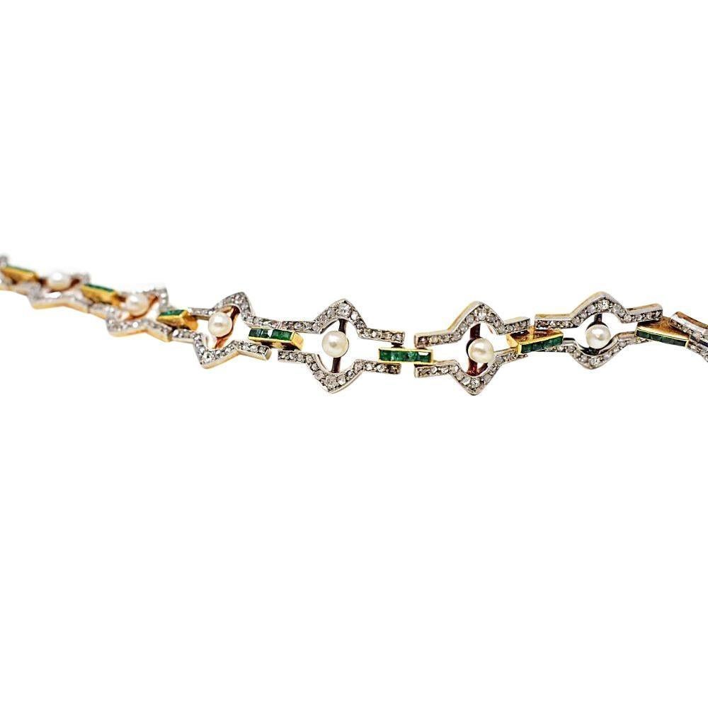 Belle Époque Natural Pearl Emerald Rose Cut Diamonds Platinum 18 Karat Bracelet In Excellent Condition In Philadelphia, PA