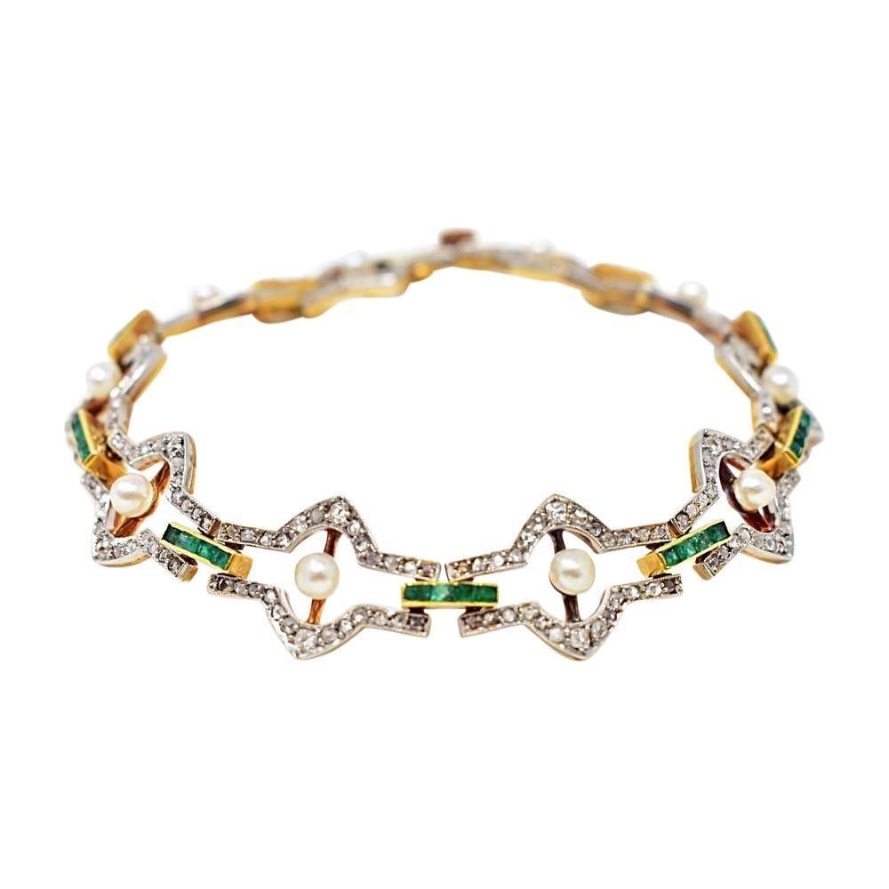 Belle Époque Natural Pearl Emerald Rose Cut Diamonds Platinum 18 Karat Bracelet 1