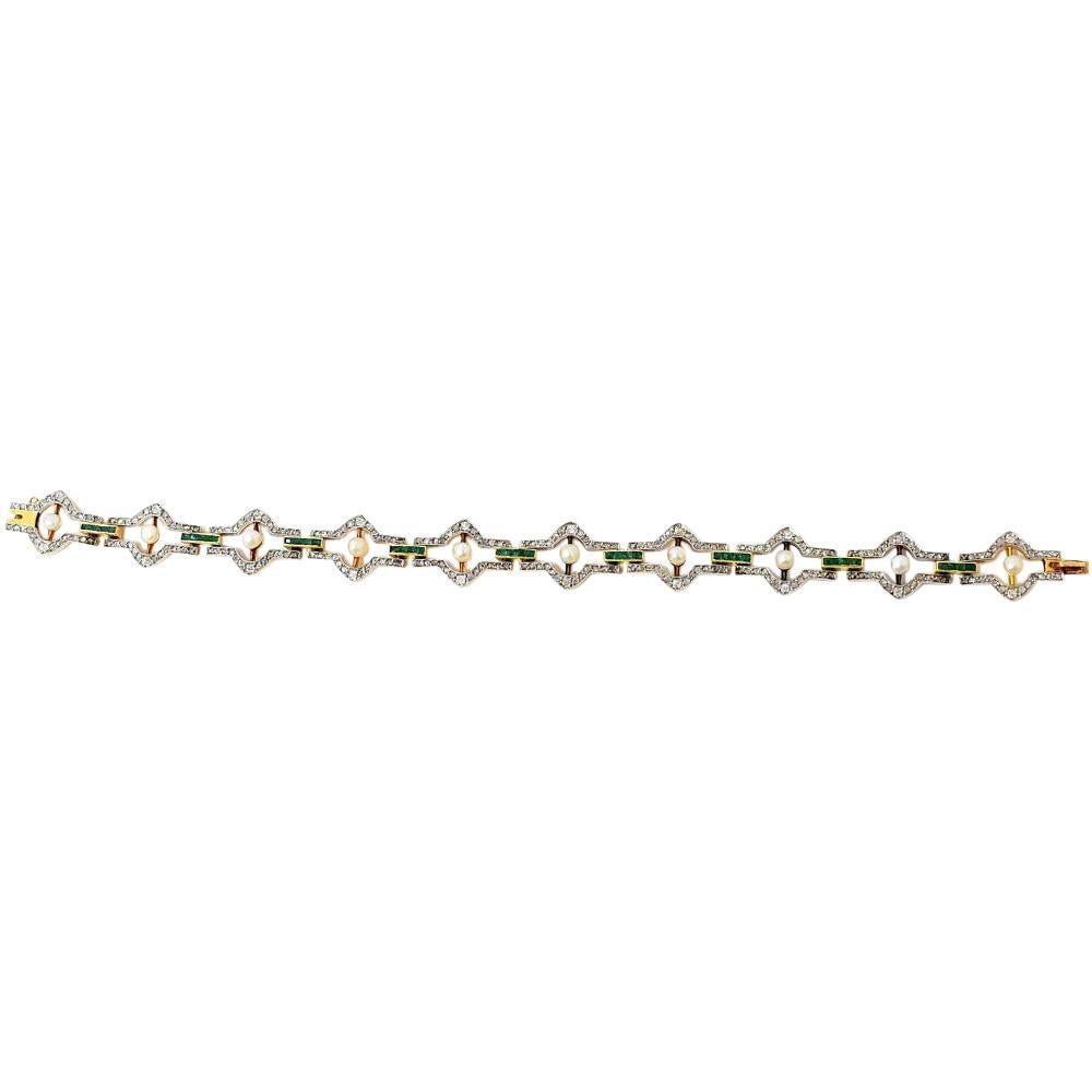 Belle Époque Natural Pearl Emerald Rose Cut Diamonds Platinum 18 Karat Bracelet 2
