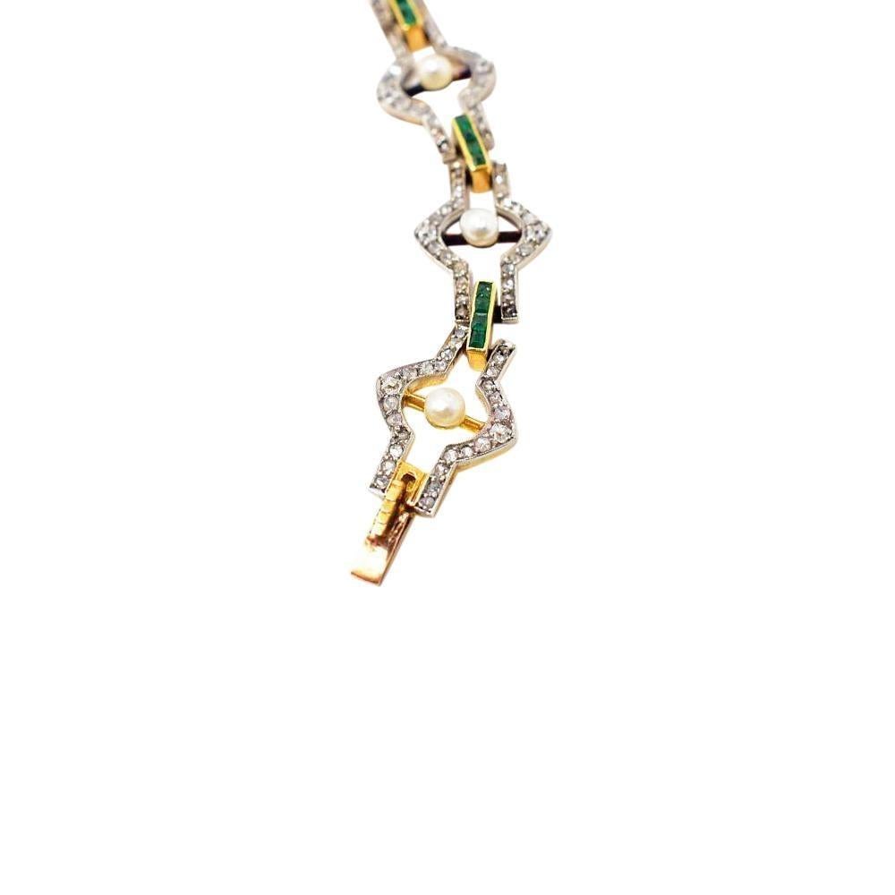 Belle Époque Natural Pearl Emerald Rose Cut Diamonds Platinum 18 Karat Bracelet 2
