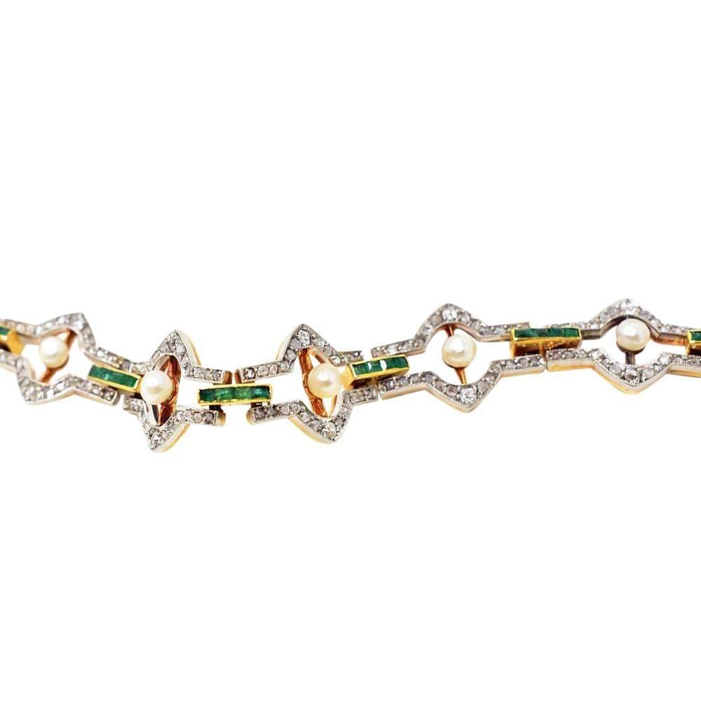 Belle Époque Natural Pearl Emerald Rose Cut Diamonds Platinum 18 Karat Bracelet 3