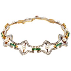 Belle Époque Natural Pearl Emerald Rose Cut Diamonds Platinum 18 Karat Bracelet