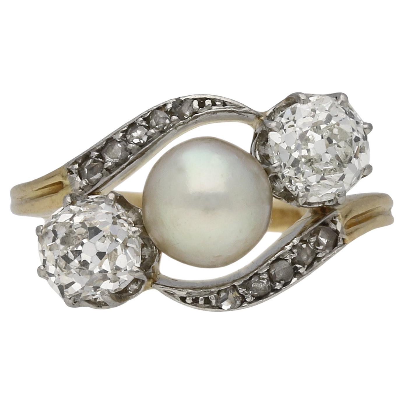 Belle Époque Natural Saltwater Pearl and Old Mine Diamond Three Stone Cross over