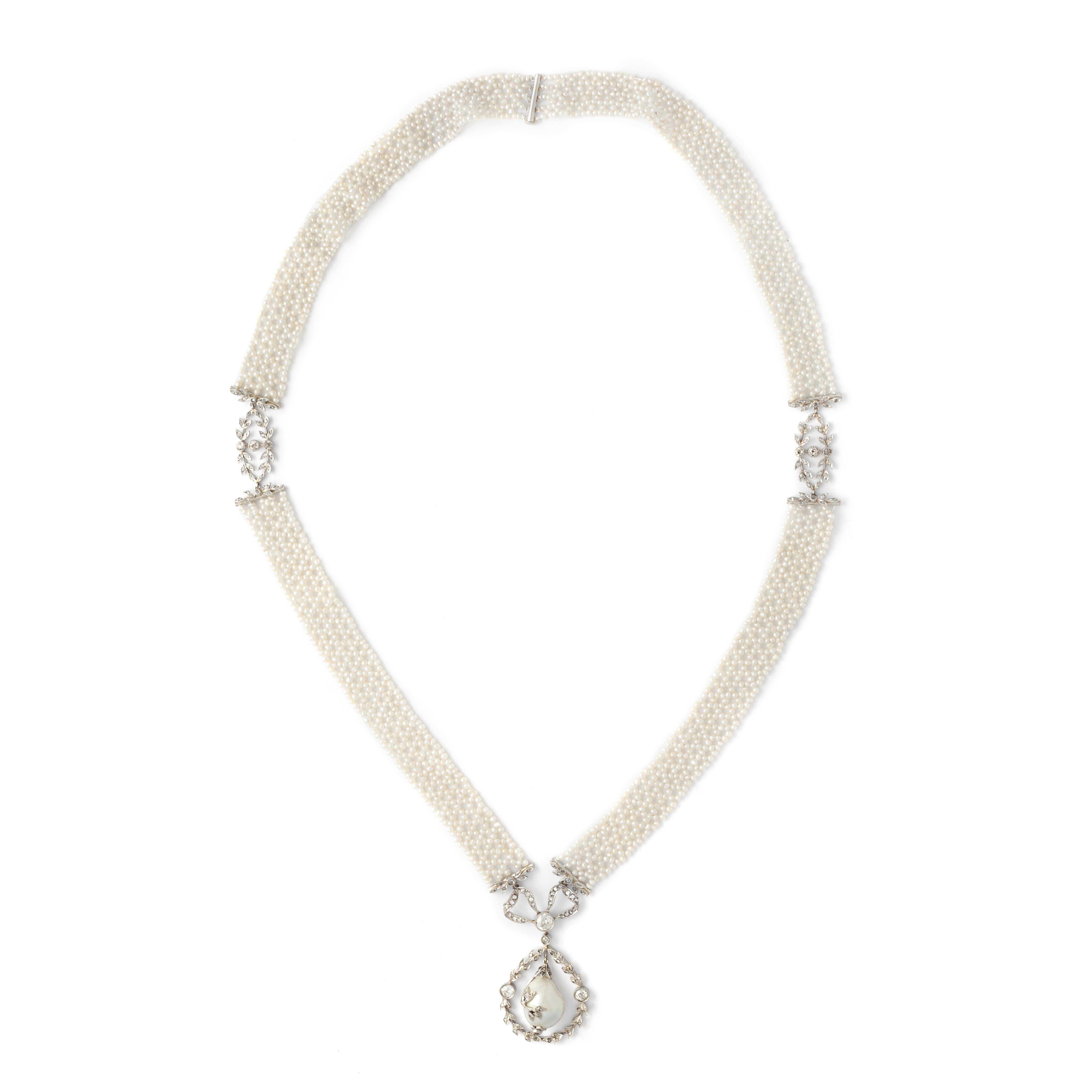 Bead Belle Epoque Necklace Natural Pearl Diamond For Sale