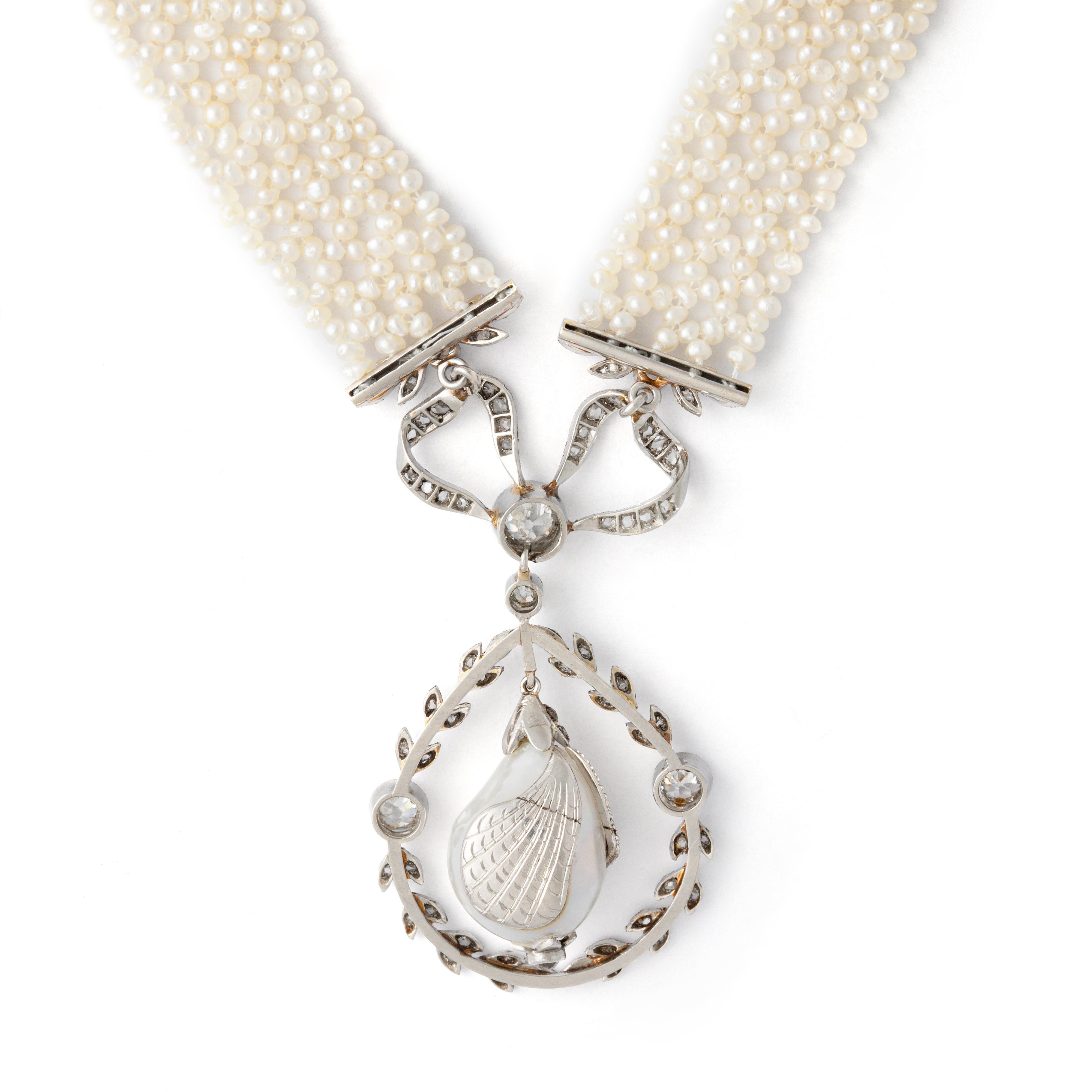 Collier Belle Epoque Perle naturelle Diamant Unisexe en vente