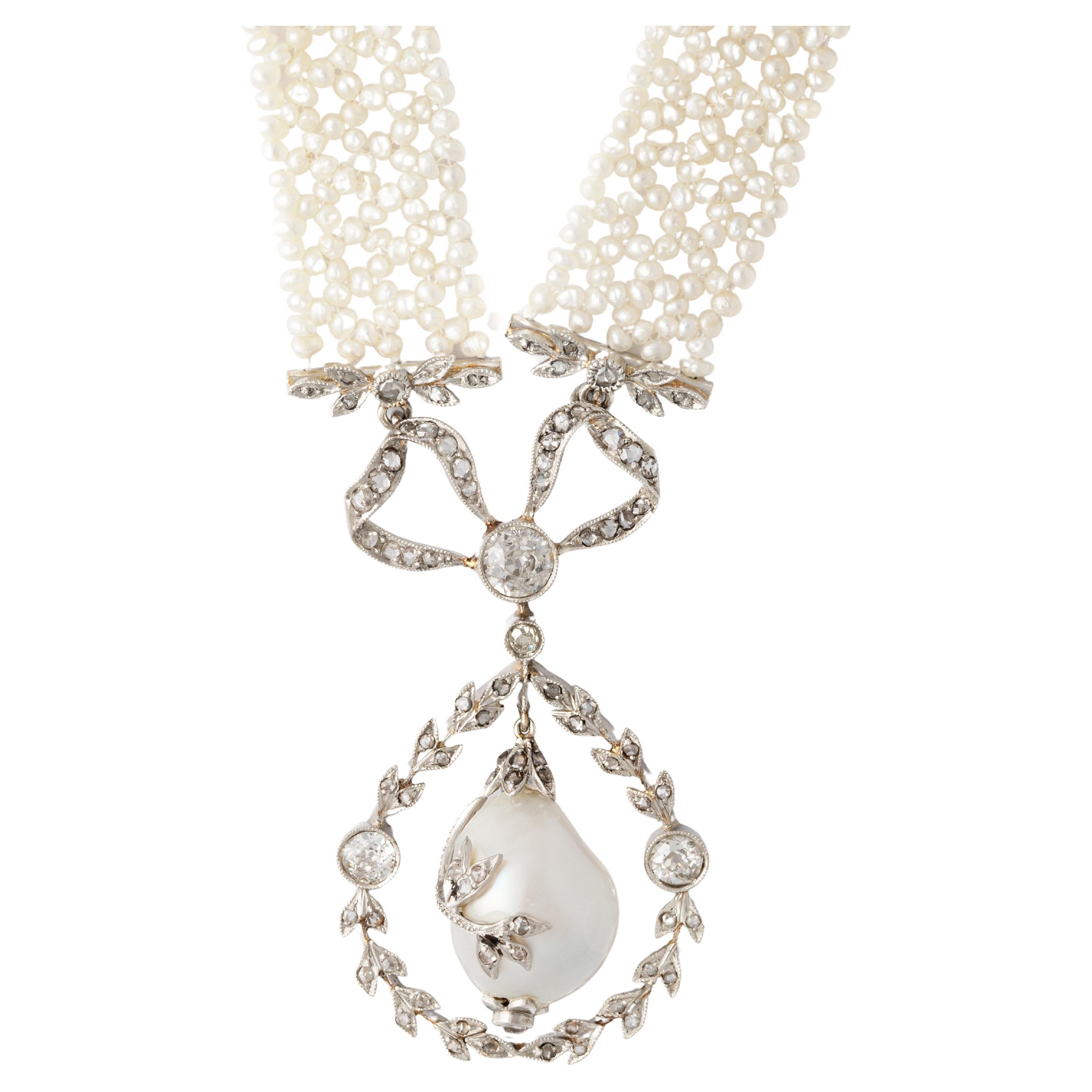 Belle Epoque Necklace Natural Pearl Diamond For Sale