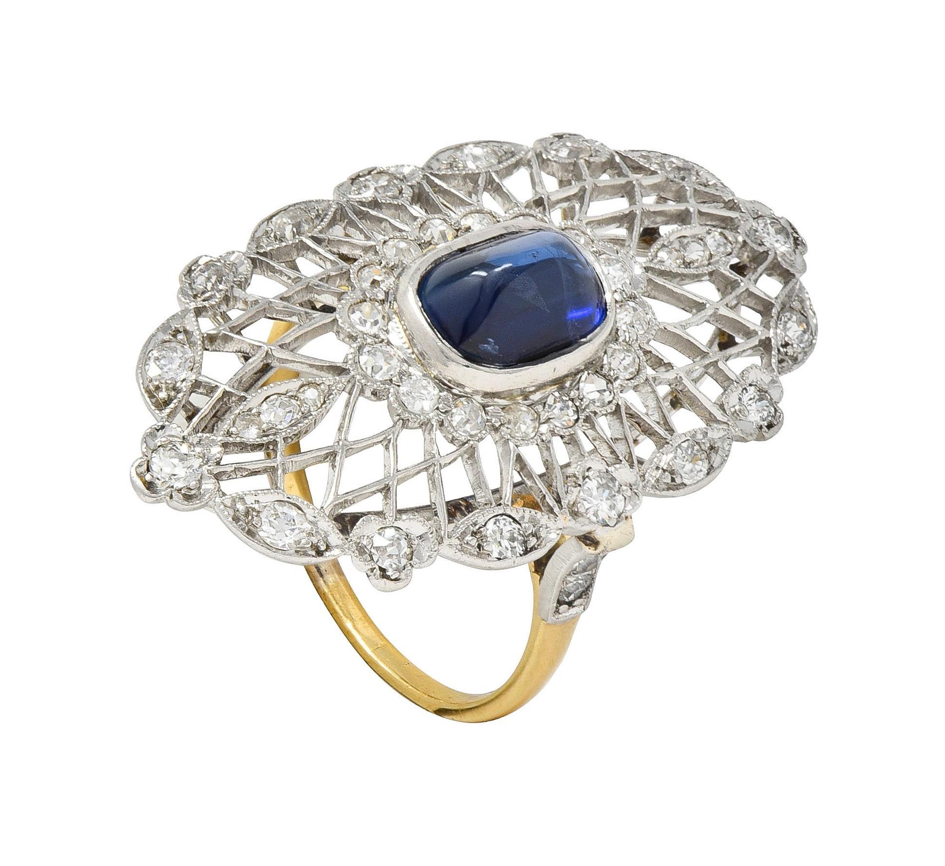 Belle Epoque No Heat Ceylon Sapphire Diamond Platinum 18 Karat Gold Antique Ring For Sale 4