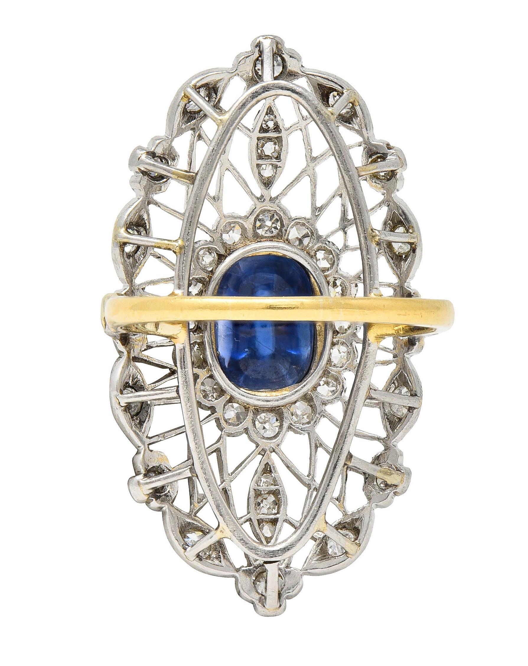 Antiker Ring aus Platin mit unbehandeltem Ceylon-Saphir und Diamant aus 18 Karat Gold aus der Belle Epoque (Kegel-Cabochon) im Angebot