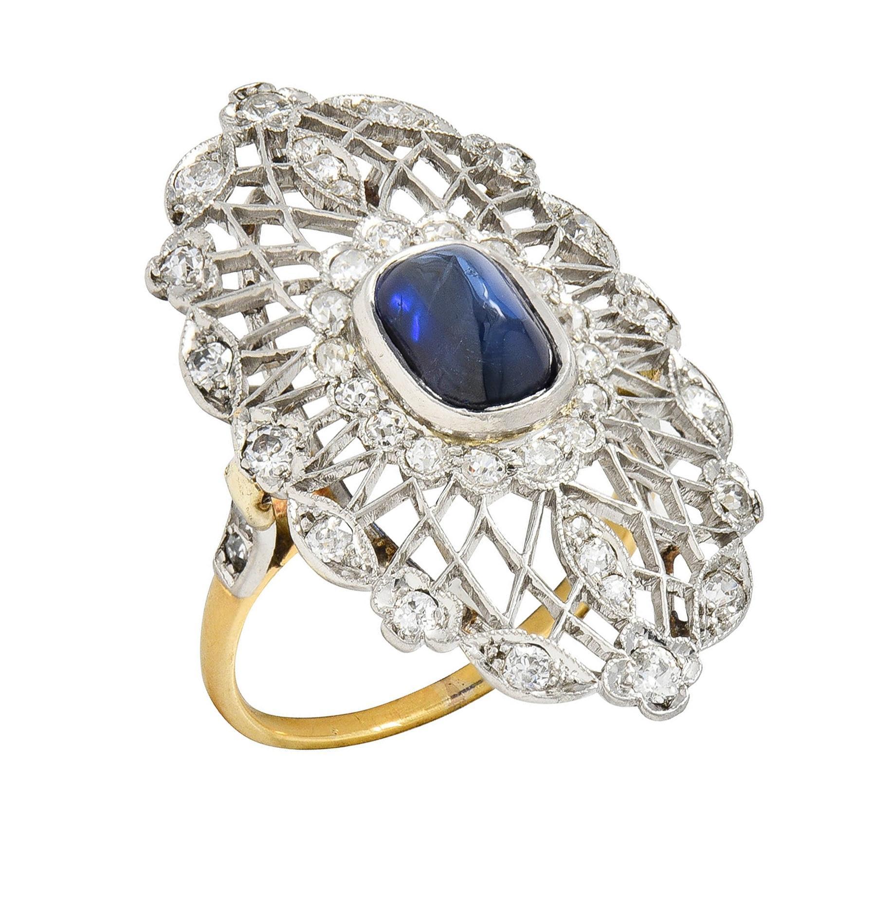 Belle Epoque No Heat Ceylon Sapphire Diamond Platinum 18 Karat Gold Antique Ring For Sale 1